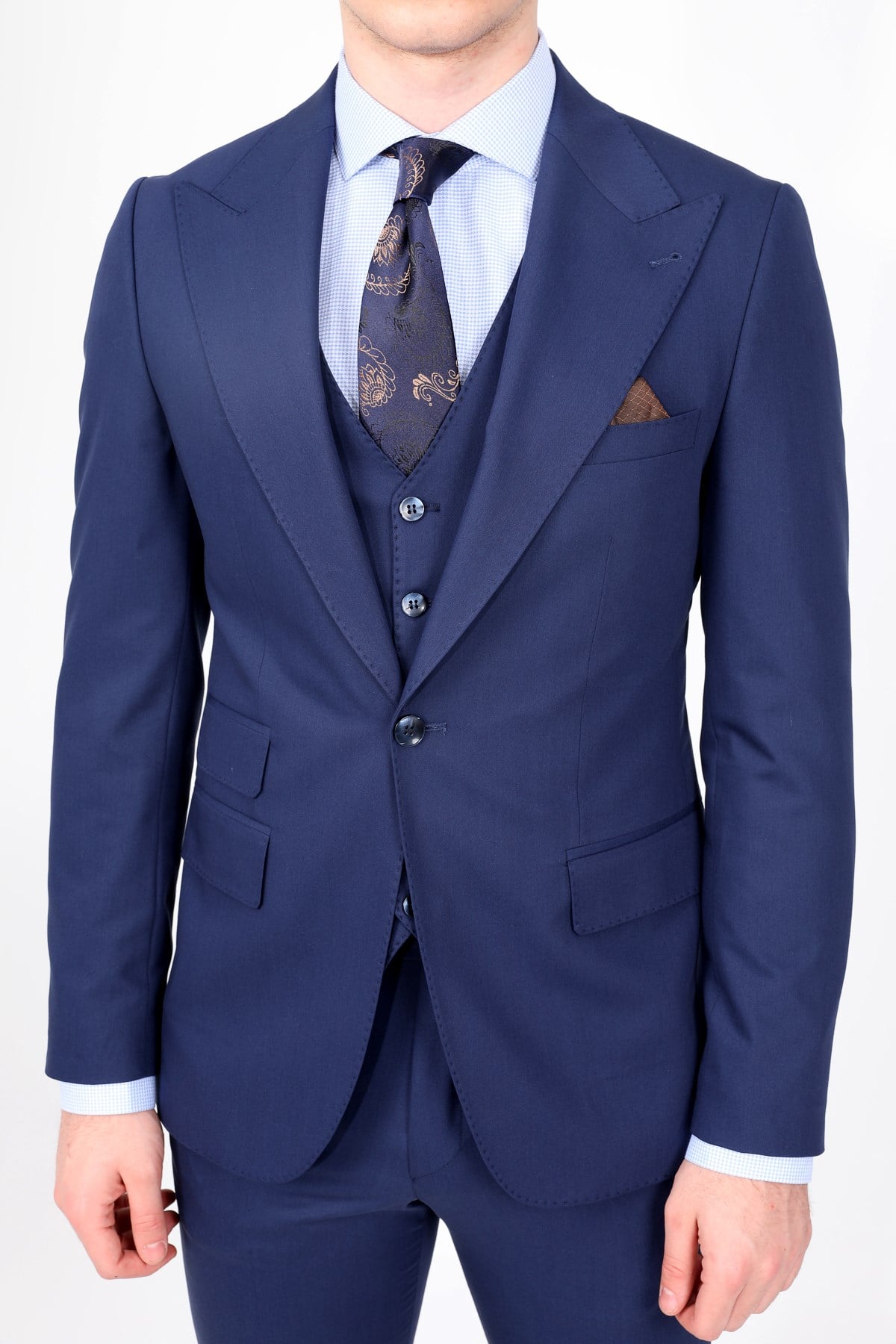 LACiVERT GENİŞ YAKA PUNTOLU PLUS YELEKLİ ERKEK TAKIM ELBİSE - SLIM FIT