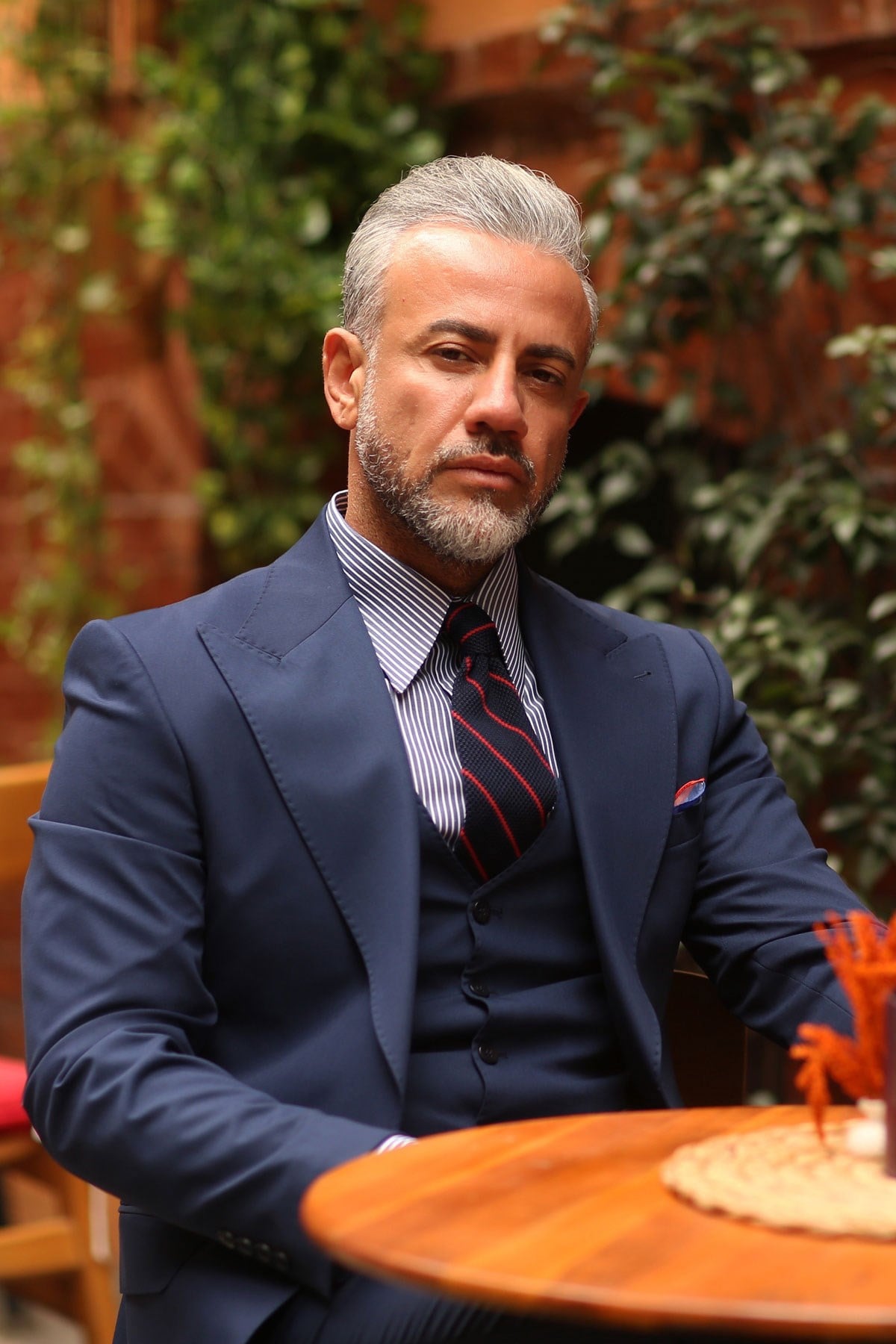 LACiVERT GENİŞ YAKA PUNTOLU PLUS YELEKLİ ERKEK TAKIM ELBİSE - SLIM FIT