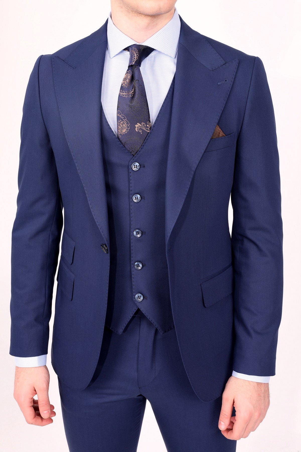 LACiVERT GENİŞ YAKA PUNTOLU PLUS YELEKLİ ERKEK TAKIM ELBİSE - SLIM FIT