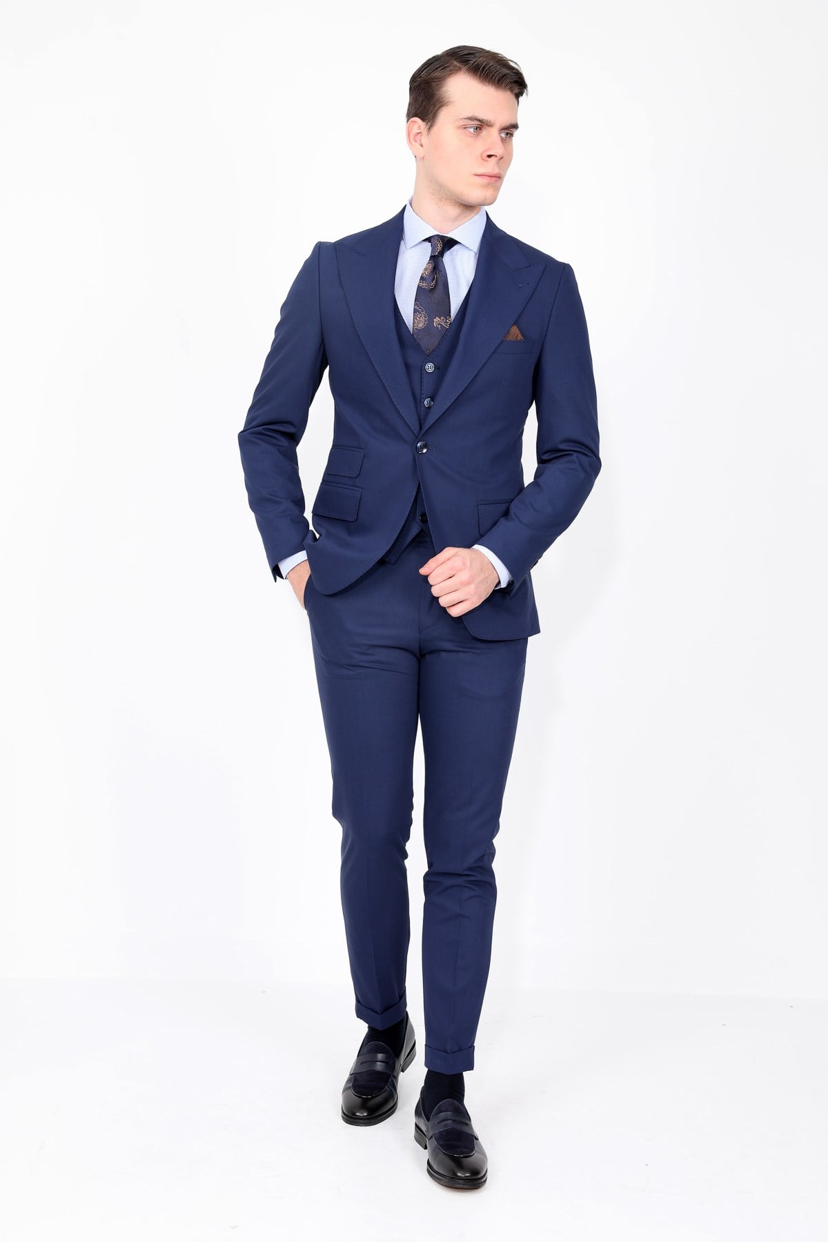 LACiVERT GENİŞ YAKA PUNTOLU PLUS YELEKLİ ERKEK TAKIM ELBİSE - SLIM FIT