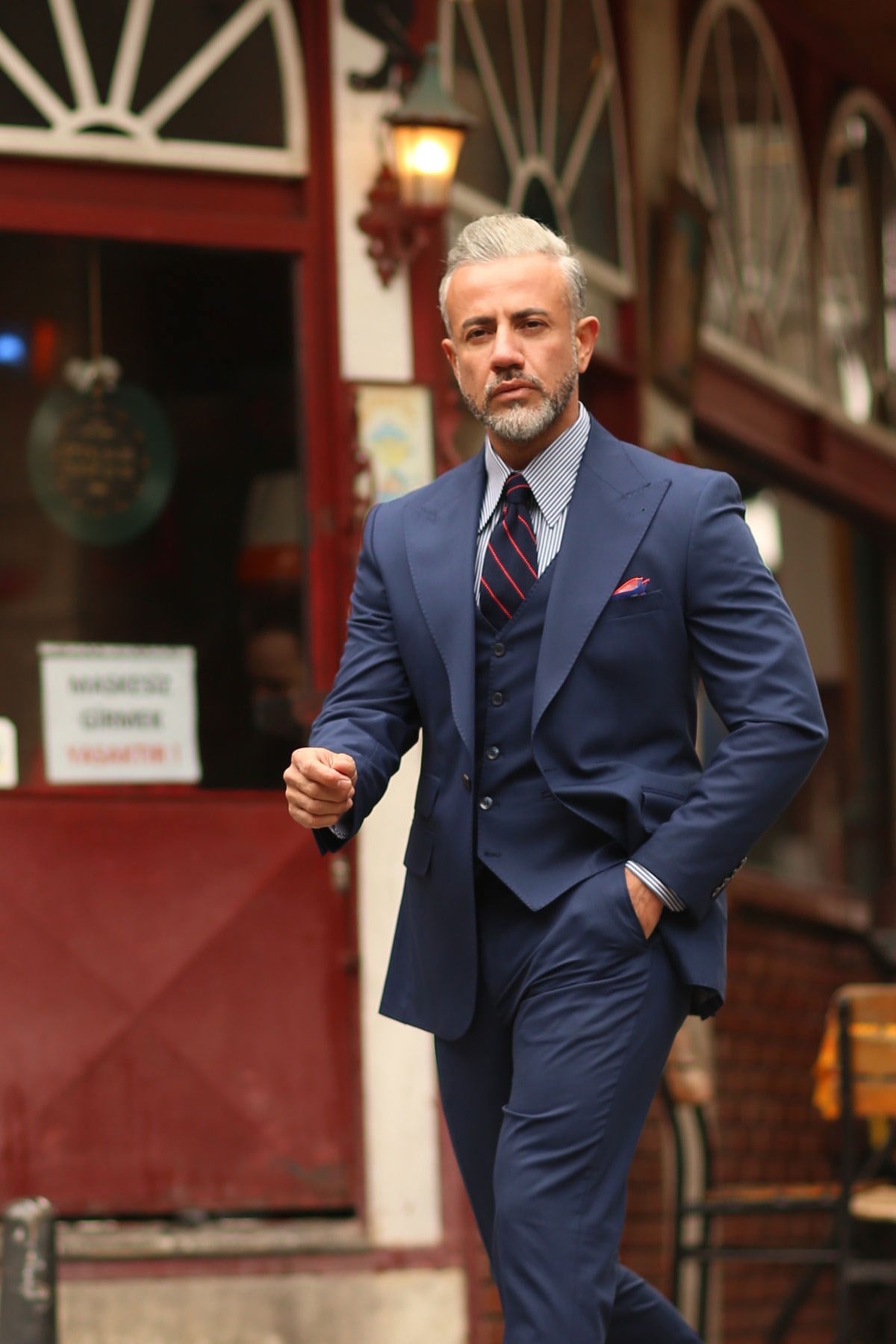 LACiVERT GENİŞ YAKA PUNTOLU PLUS YELEKLİ ERKEK TAKIM ELBİSE - SLIM FIT