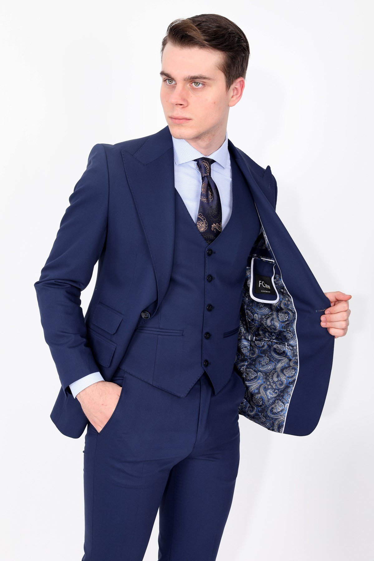 LACiVERT GENİŞ YAKA PUNTOLU PLUS YELEKLİ ERKEK TAKIM ELBİSE - SLIM FIT