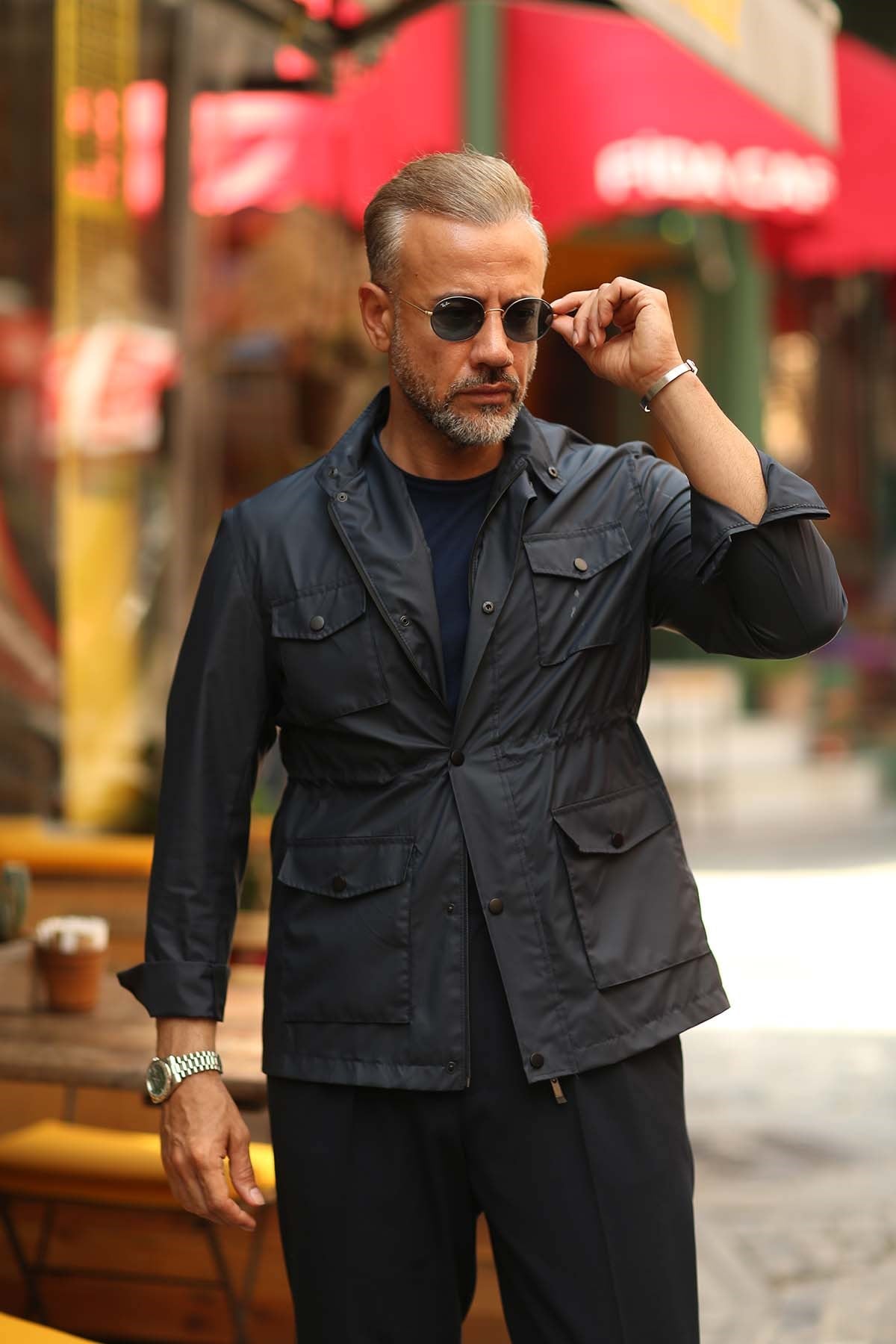 NAVY BLUE GRANDAD COLLAR WITH WAIST ELASTIC 4 POCKETS HOODED COAT - SLIM FIT