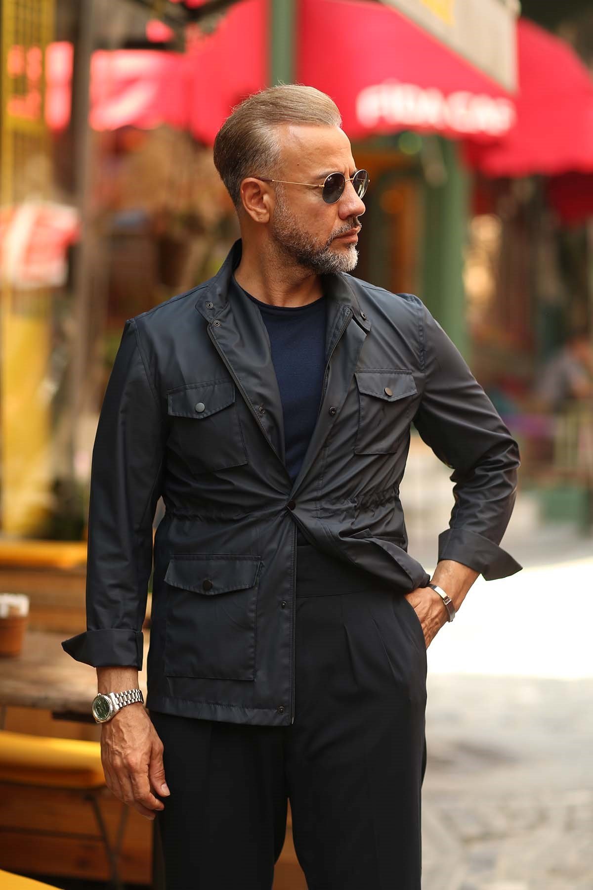 NAVY BLUE GRANDAD COLLAR WITH WAIST ELASTIC 4 POCKETS HOODED COAT - SLIM FIT