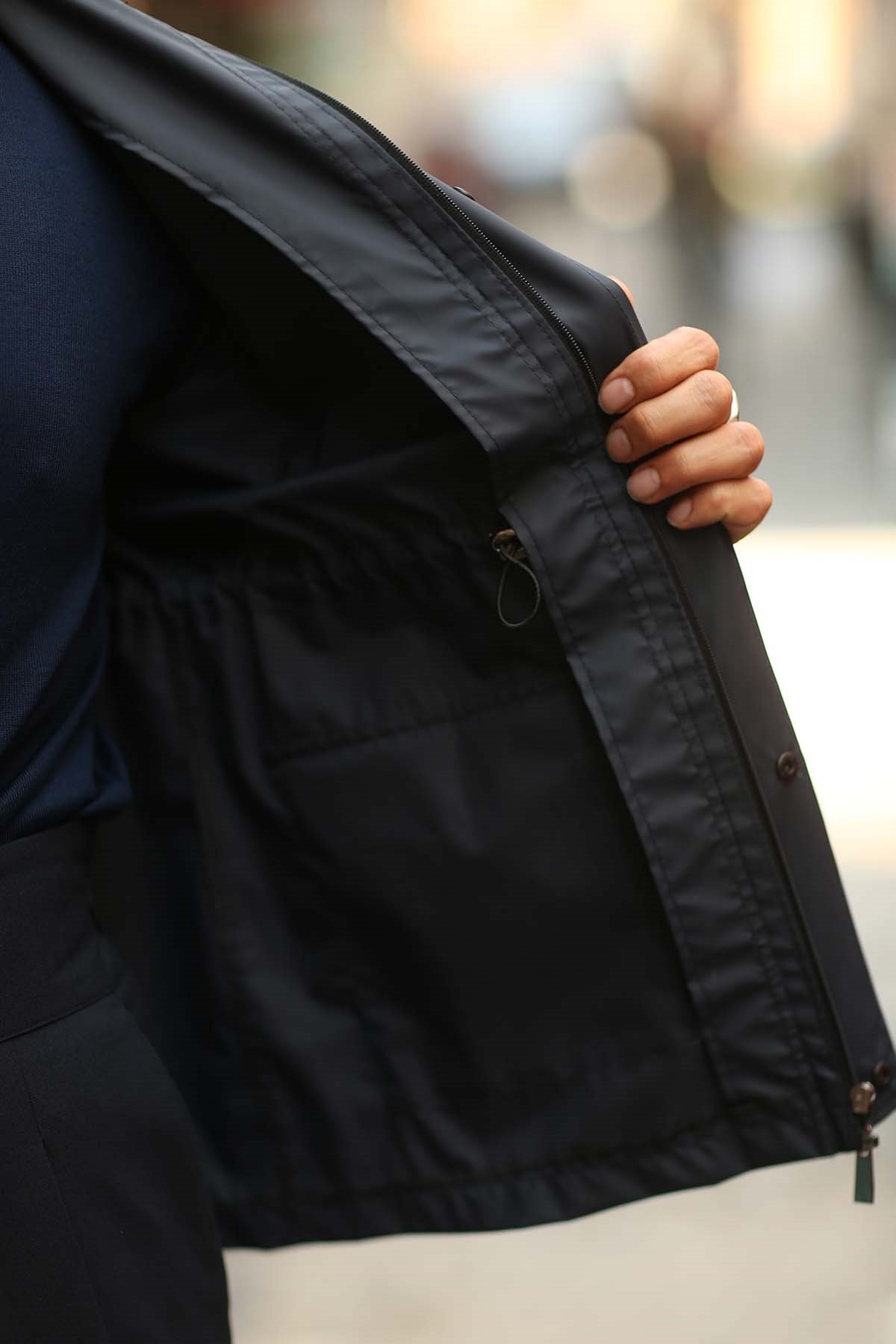 NAVY BLUE GRANDAD COLLAR WITH WAIST ELASTIC 4 POCKETS HOODED COAT - SLIM FIT