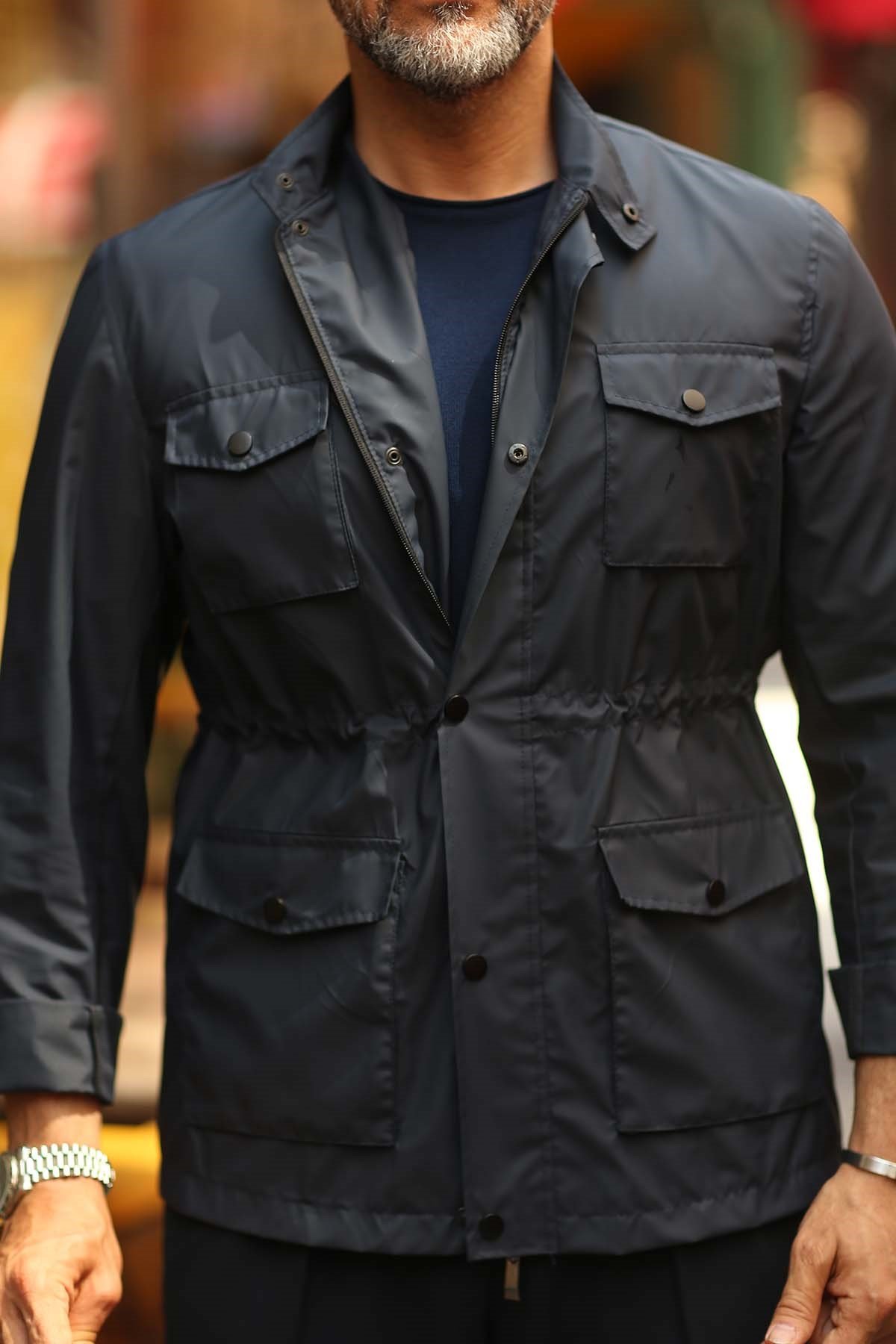 NAVY BLUE GRANDAD COLLAR WITH WAIST ELASTIC 4 POCKETS HOODED COAT - SLIM FIT