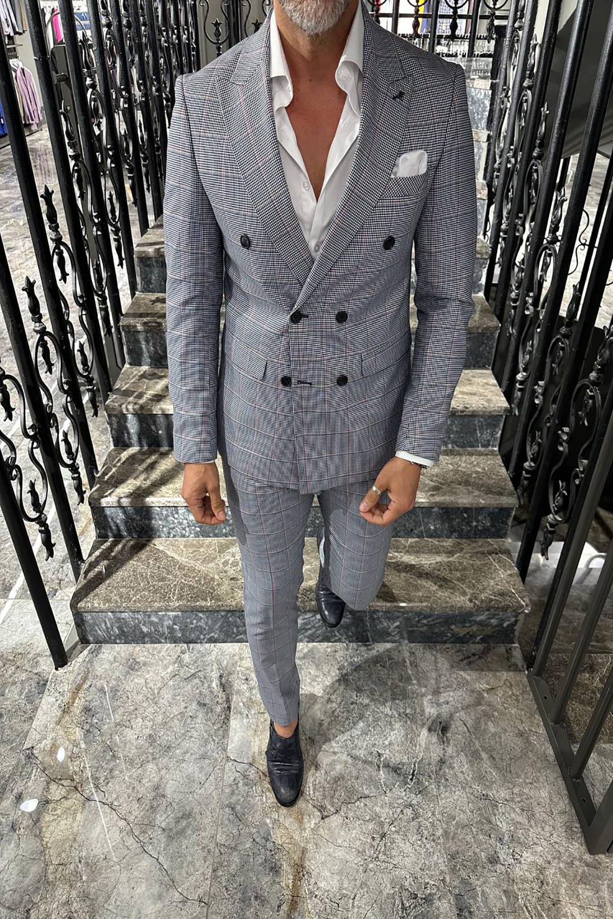 SELF PATTERNED NAVY BLUE SUIT
