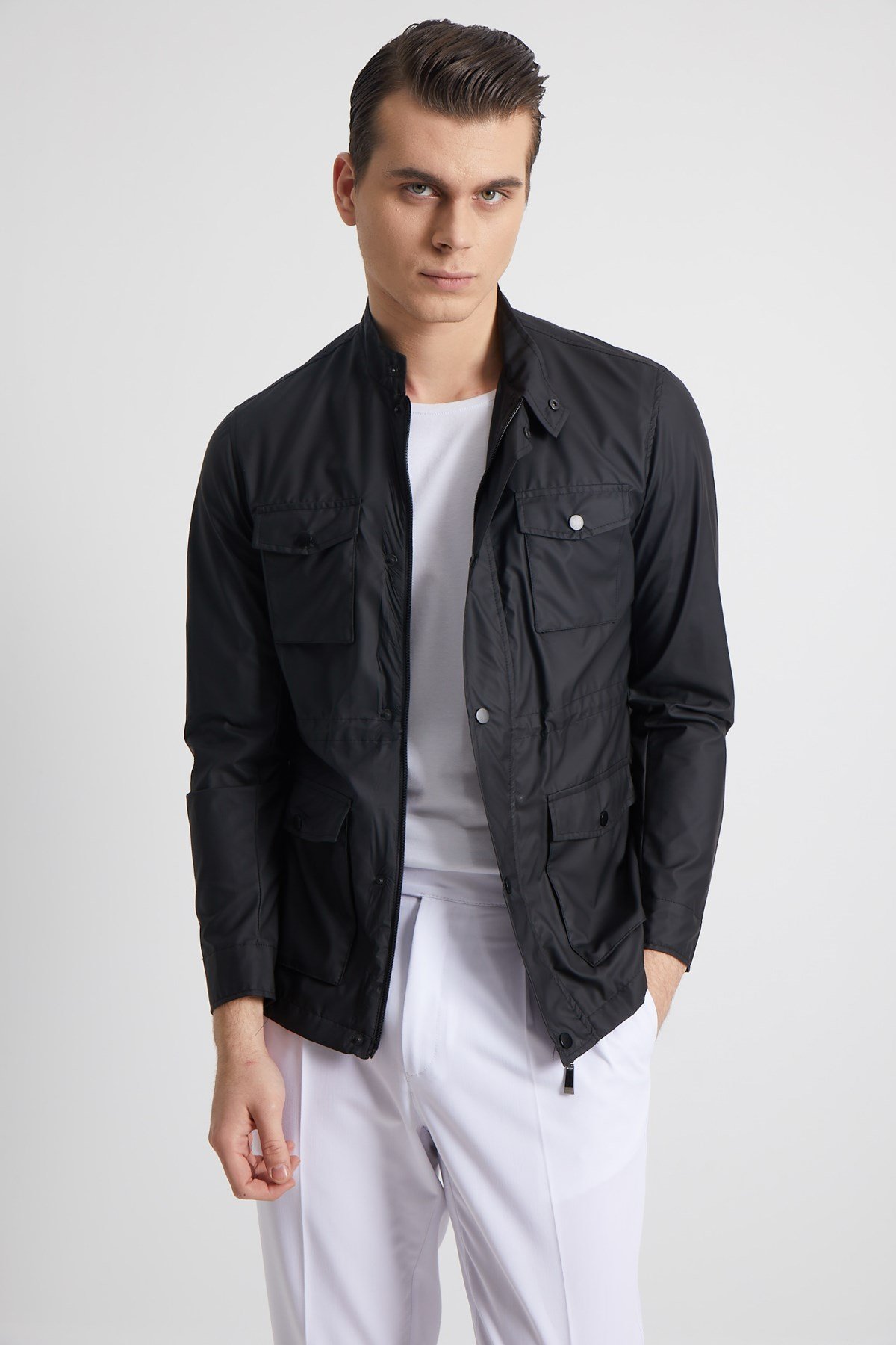 SiYAH HAKİM YAKA DÖRT CEP KÖRÜKLÜ ERKEK MONT - SLIM FIT
