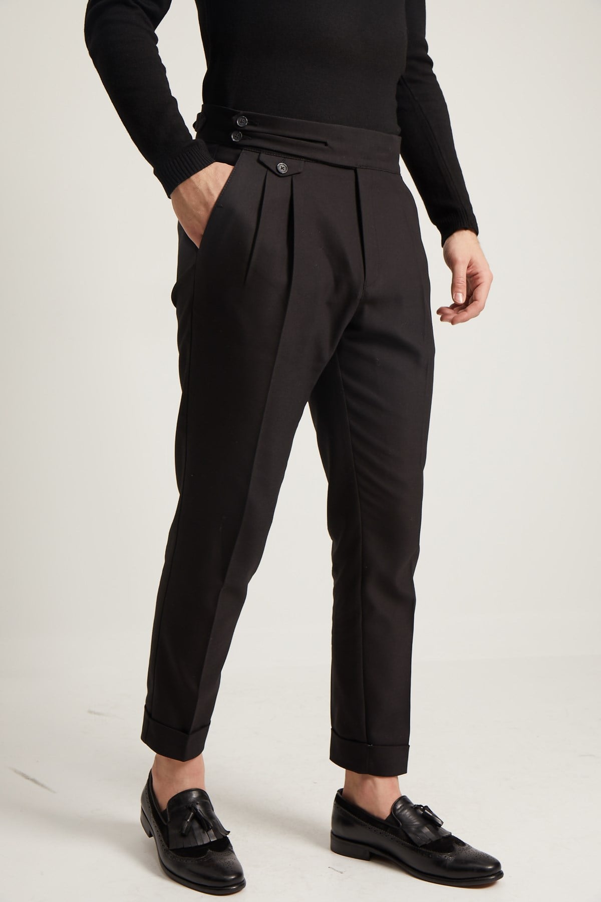 SiYAH HAVUÇ KALIP ÇİFT DİLLİ PİLELİ ERKEK PANTOLON - SLIM FIT