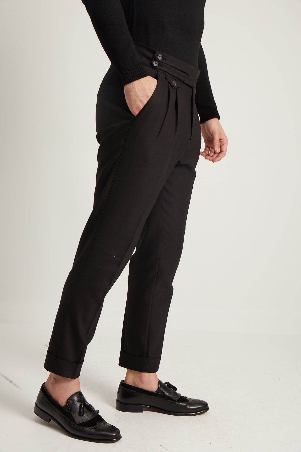 SiYAH HAVUÇ KALIP ÇİFT DİLLİ PİLELİ ERKEK PANTOLON - SLIM FIT