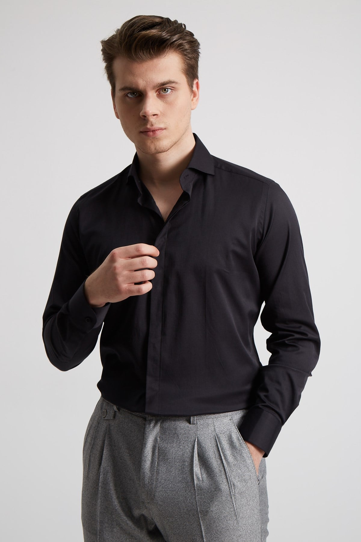 SiYAH KAVİSLİ TAM İTALYAKA PAMUK ERKEK GÖMLEK - SLIM FIT