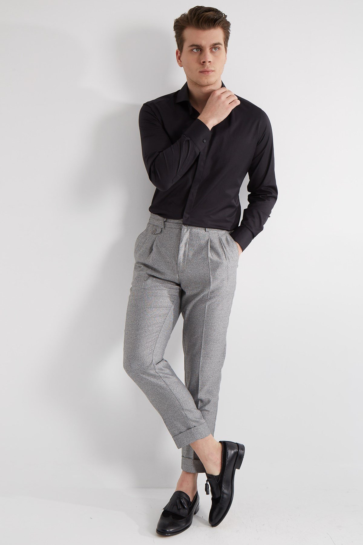 SiYAH KAVİSLİ TAM İTALYAKA PAMUK ERKEK GÖMLEK - SLIM FIT