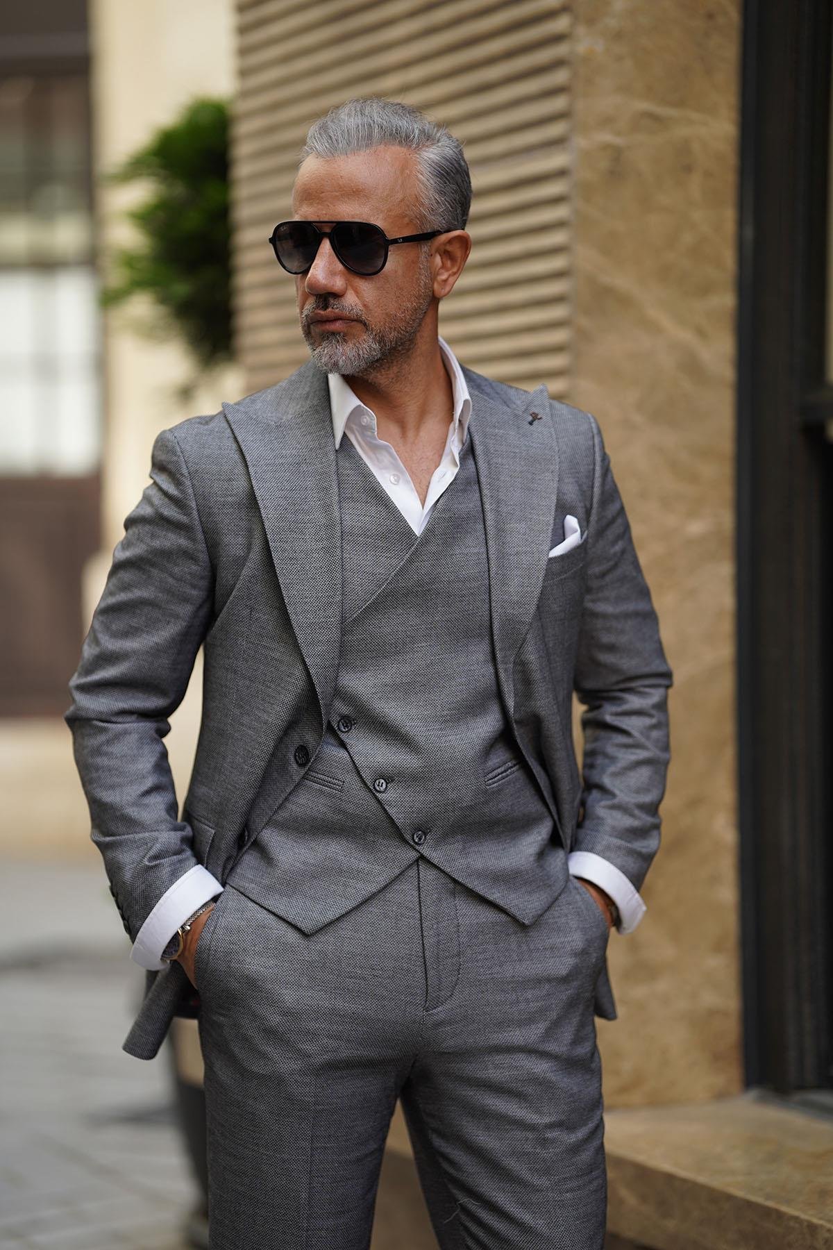 HORIZONTAL VEST WIDE NECK VEST BLACK SUIT WITH DETAIL