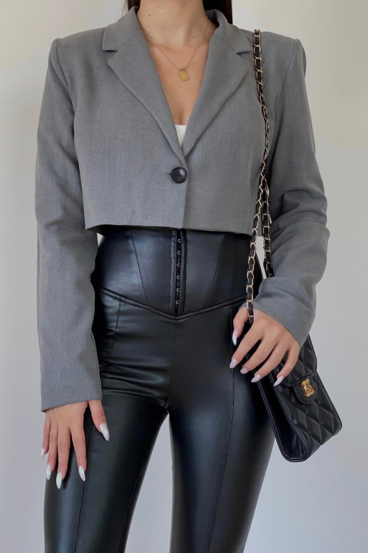 GRİ CROP BLAZER CEKET