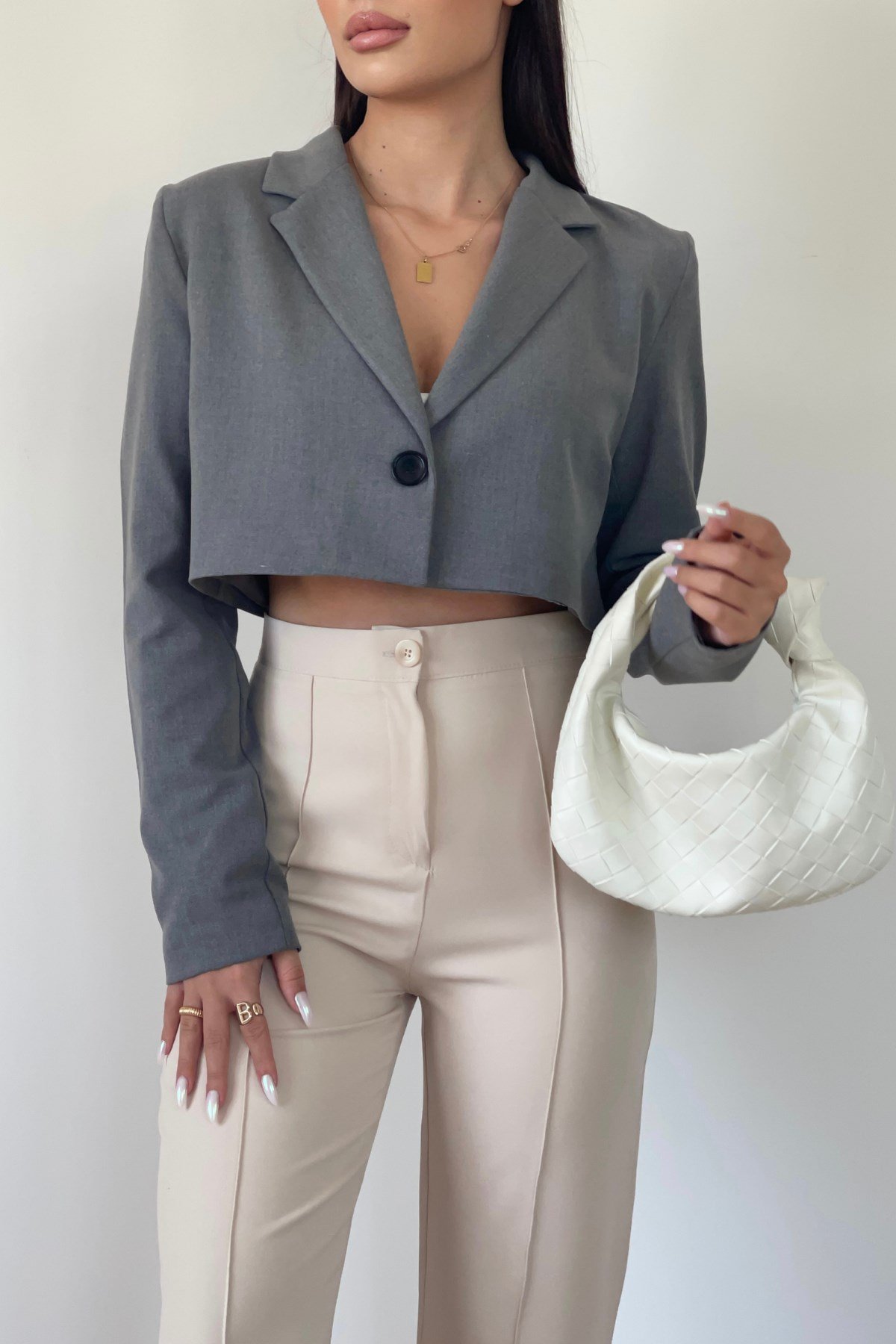 GRİ CROP BLAZER CEKET