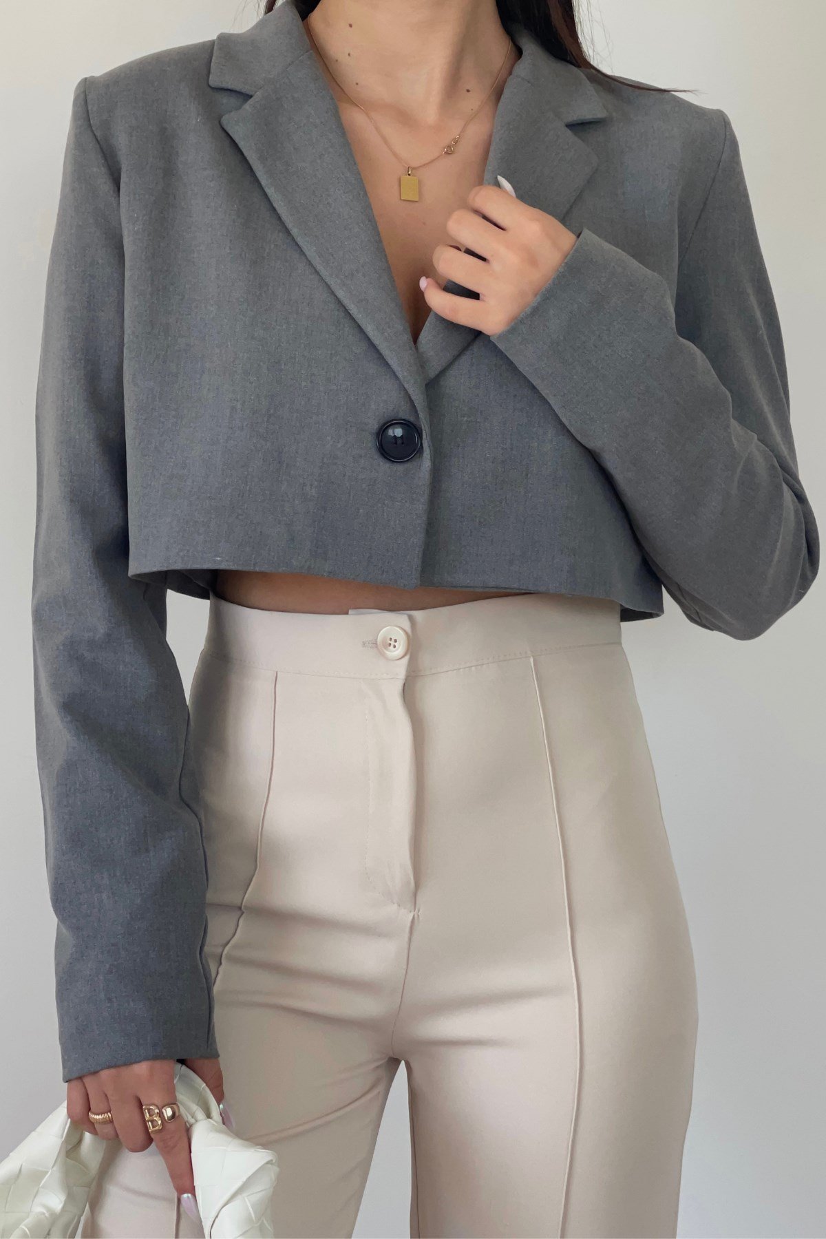 GRİ CROP BLAZER CEKET