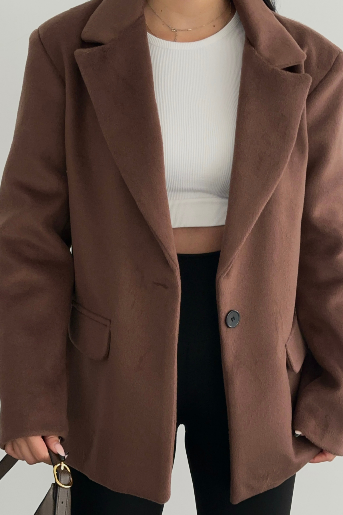 PREMİUM ACI KAHVE RENK YÜN DETAYLI BLAZER CEKET
