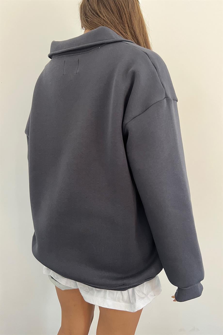Antrasit Climbing Mountain Baskılı Fermuarlı Polo Yaka 3 İplik Şardonlu SweatSun VictoriaAntrasit Climbing Mountain Baskılı Fermuarlı Polo Yaka 3 İplik Şardonlu Sweat