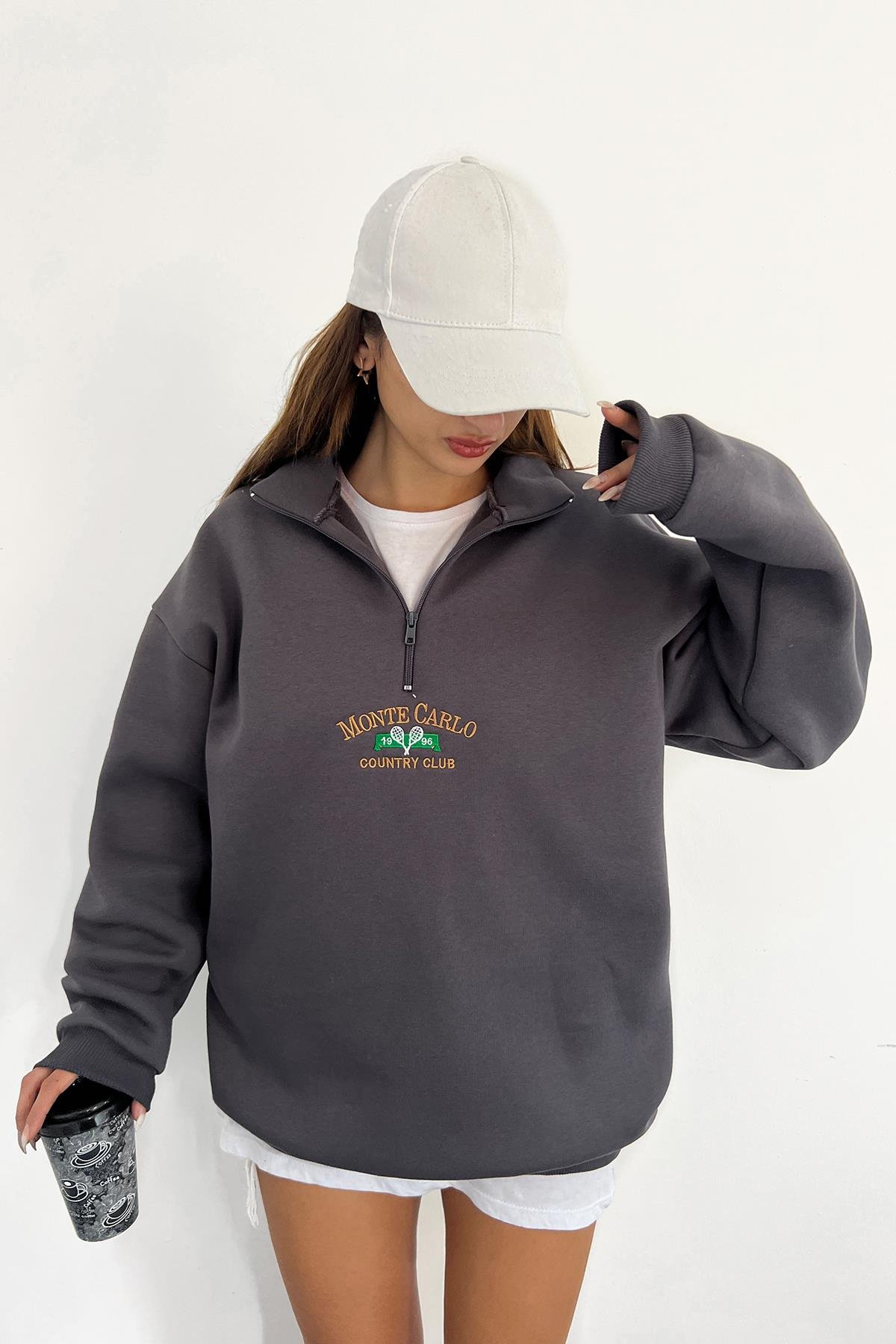 Antrasit Monte Carlo Baskılı Fermuarlı SweatSun VictoriaAntrasit Monte Carlo Baskılı Fermuarlı Sweat