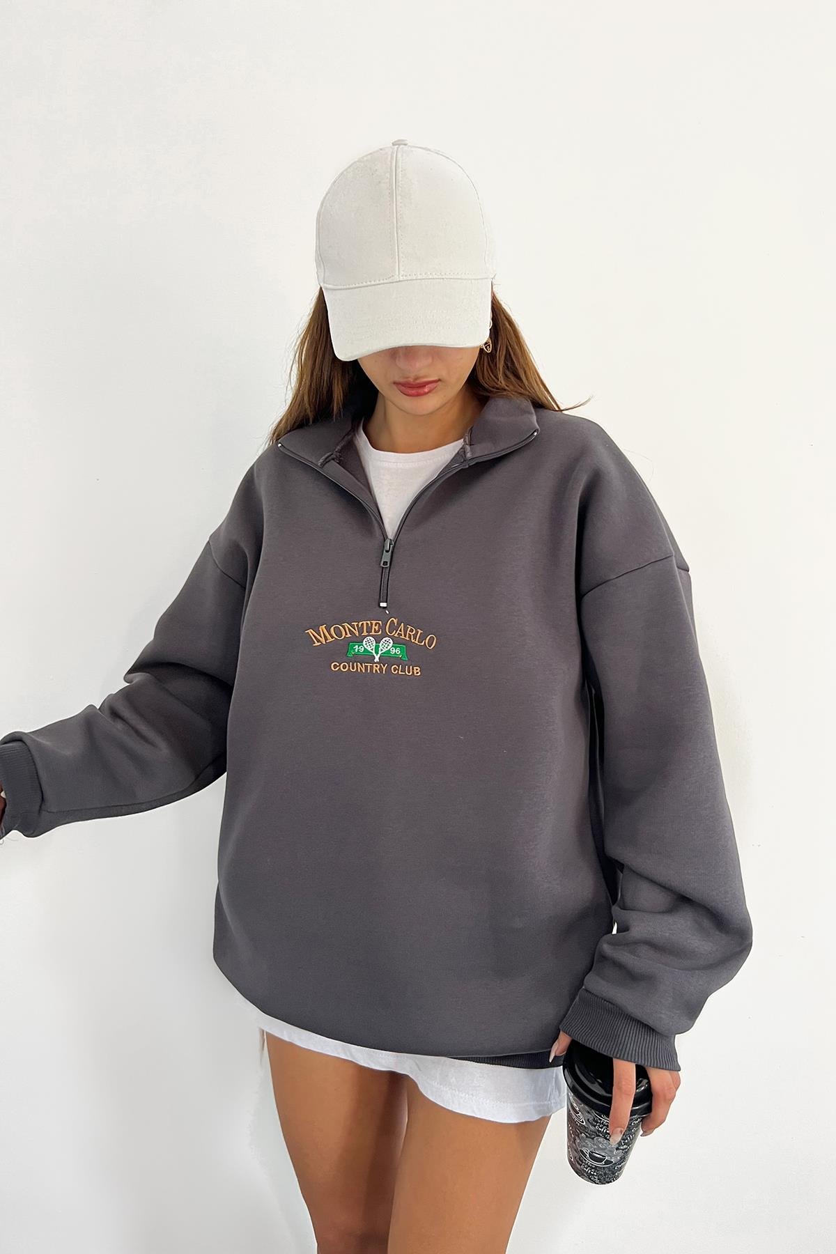 Antrasit Monte Carlo Baskılı Fermuarlı SweatSun VictoriaAntrasit Monte Carlo Baskılı Fermuarlı Sweat