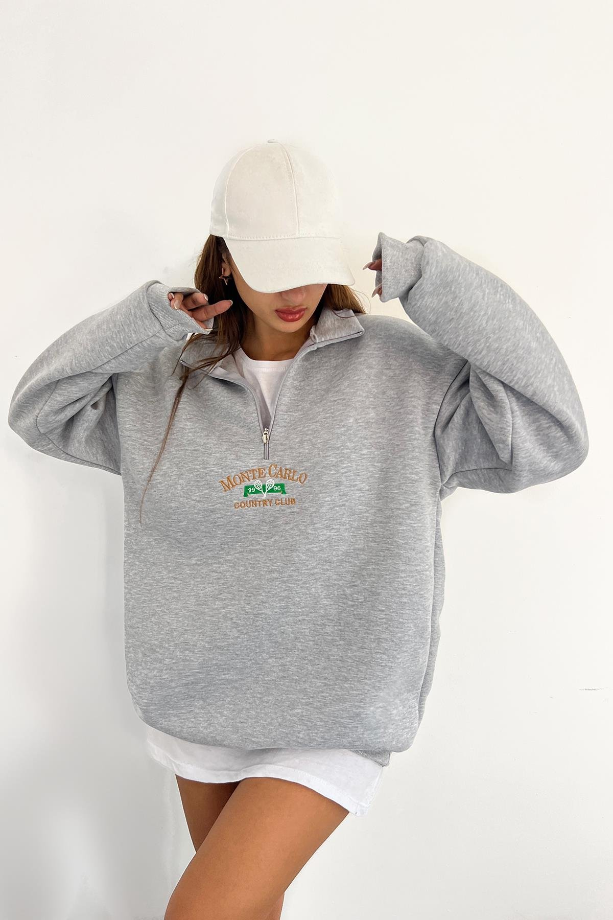 Gri Monte Carlo Baskılı Fermuarlı SweatSun VictoriaGri Monte Carlo Baskılı Fermuarlı Sweat