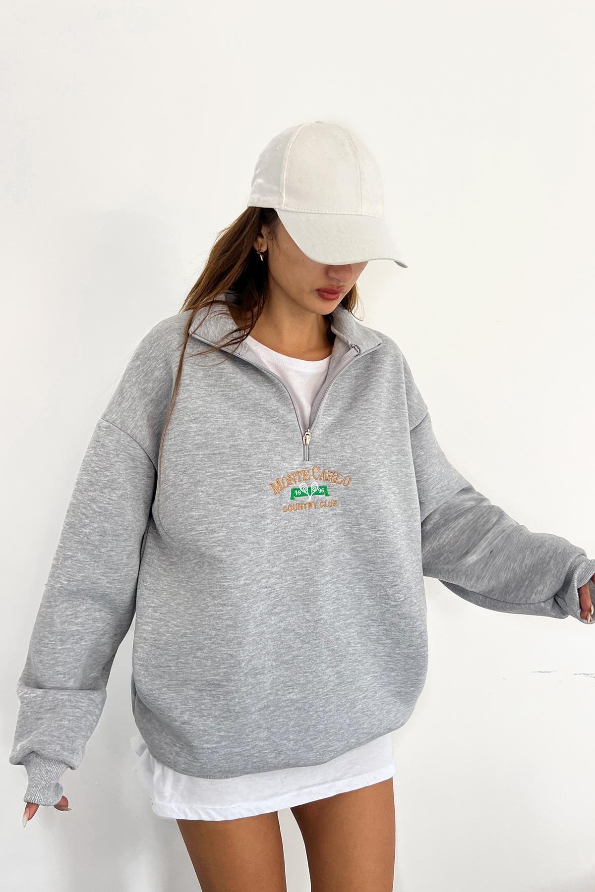 Gri Monte Carlo Baskılı Fermuarlı SweatSun VictoriaGri Monte Carlo Baskılı Fermuarlı Sweat