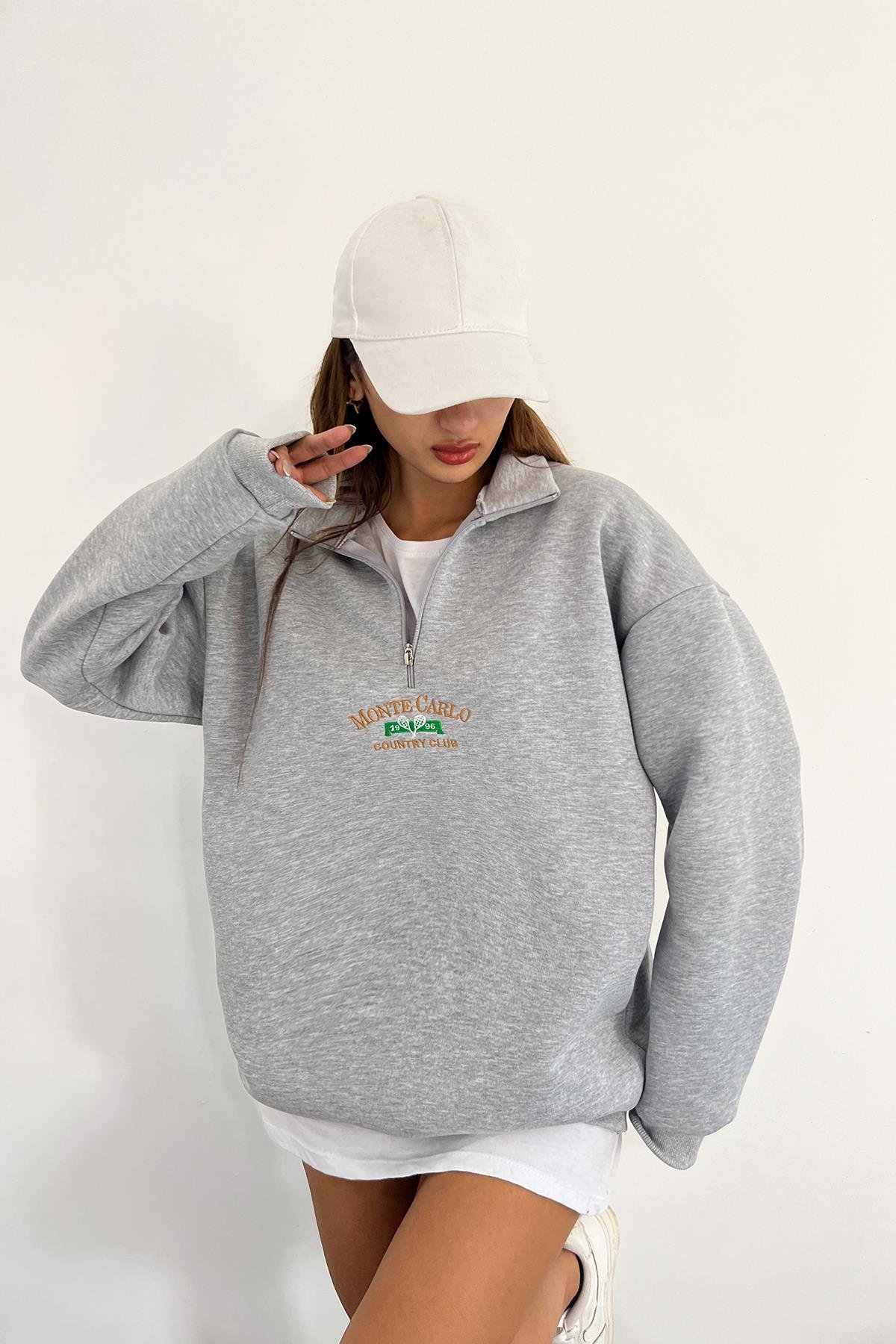 Gri Monte Carlo Baskılı Fermuarlı SweatSun VictoriaGri Monte Carlo Baskılı Fermuarlı Sweat
