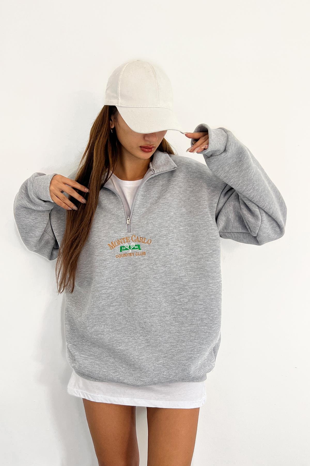 Gri Monte Carlo Baskılı Fermuarlı SweatSun VictoriaGri Monte Carlo Baskılı Fermuarlı Sweat