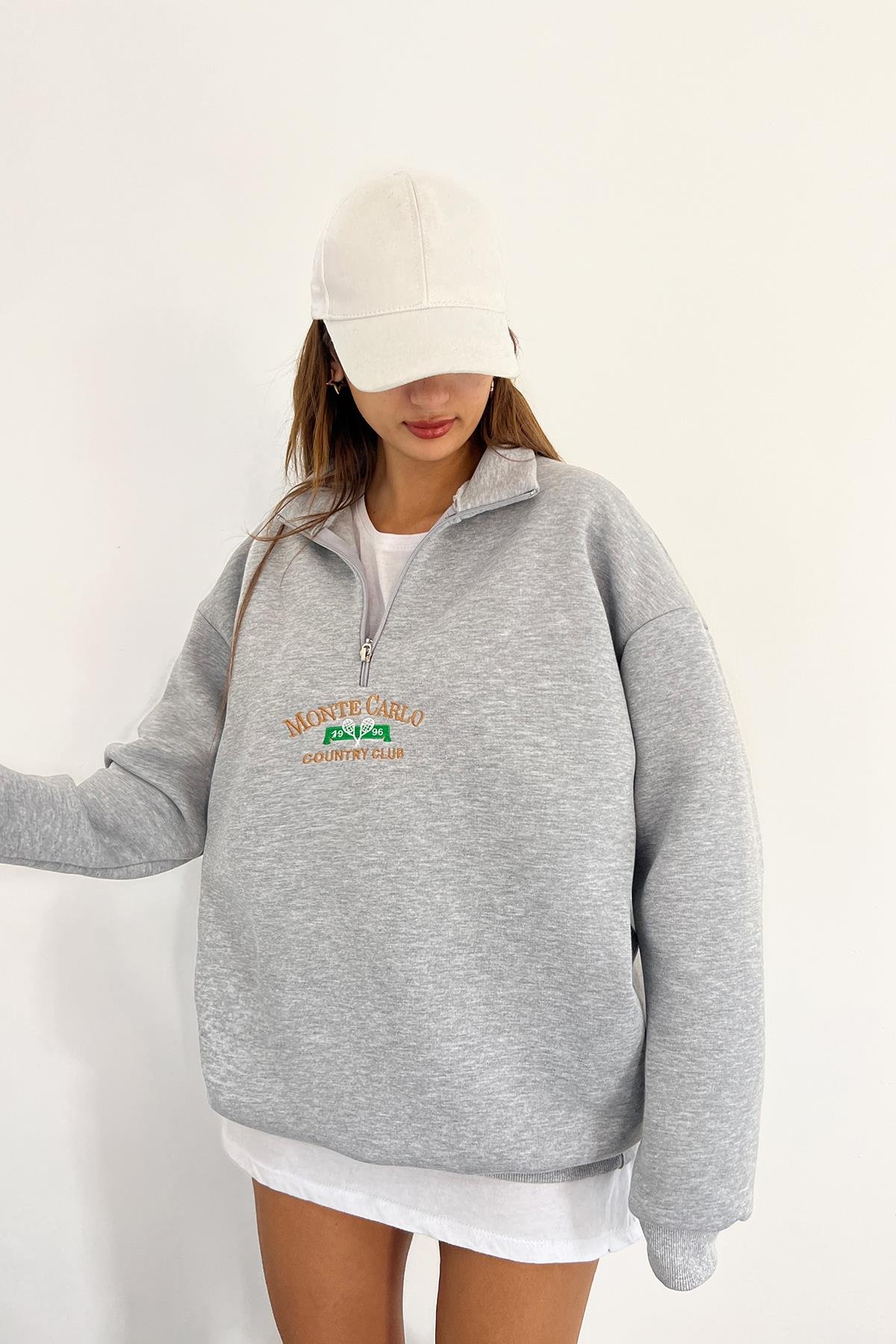 Gri Monte Carlo Baskılı Fermuarlı SweatSun VictoriaGri Monte Carlo Baskılı Fermuarlı Sweat