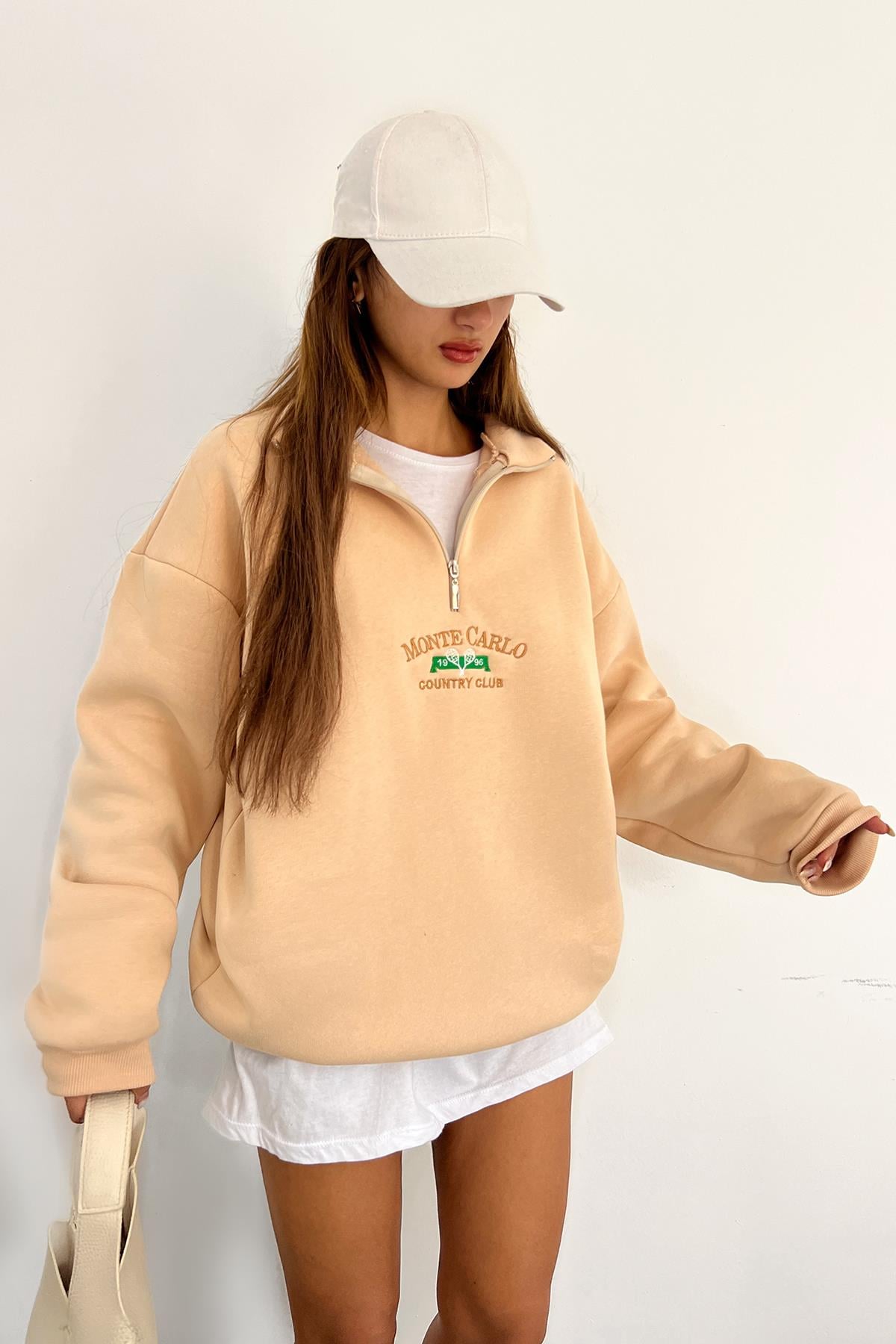 Krem Monte Carlo Baskılı Fermuarlı SweatSun VictoriaKrem Monte Carlo Baskılı Fermuarlı Sweat