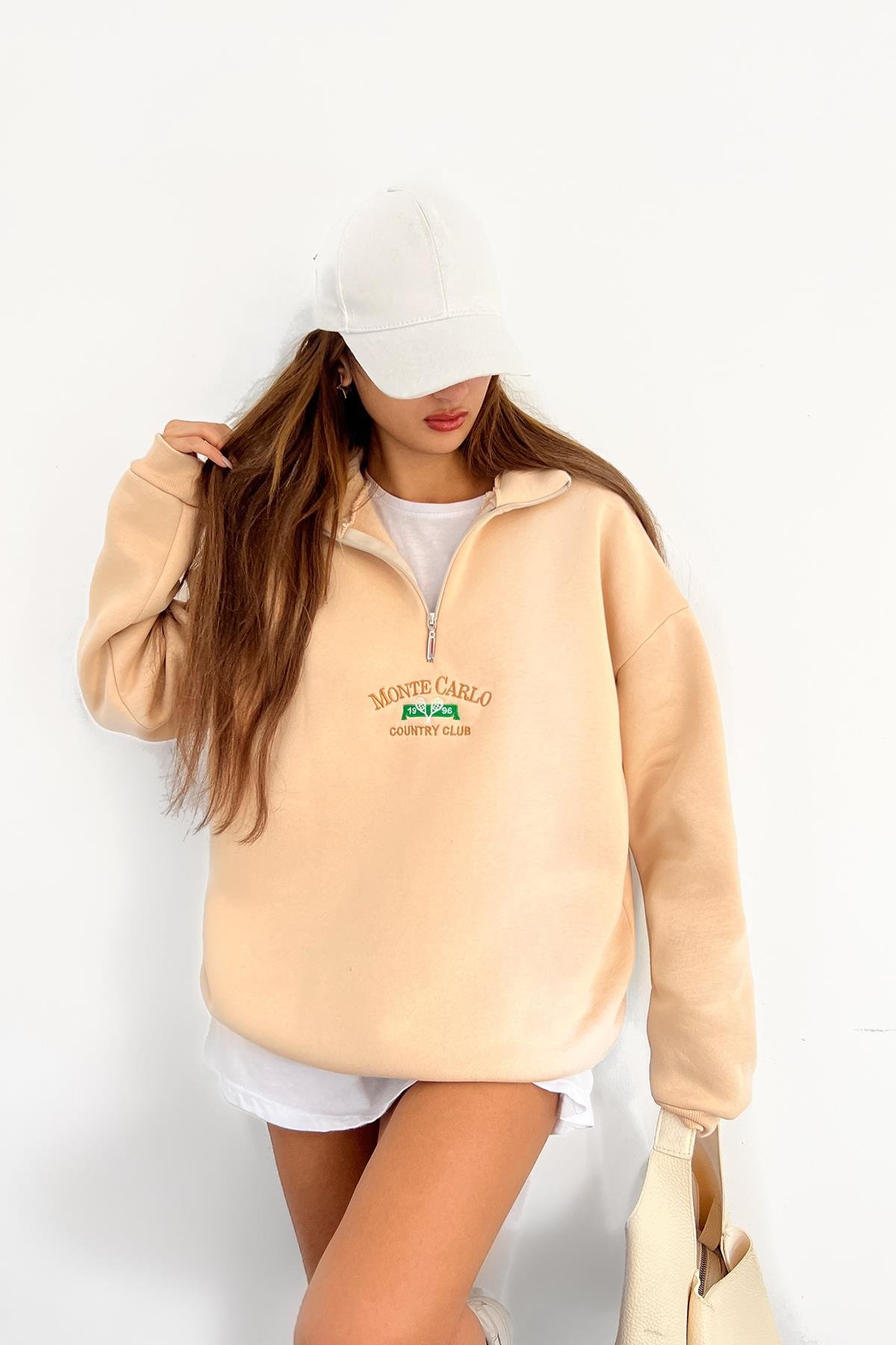 Krem Monte Carlo Baskılı Fermuarlı SweatSun VictoriaKrem Monte Carlo Baskılı Fermuarlı Sweat
