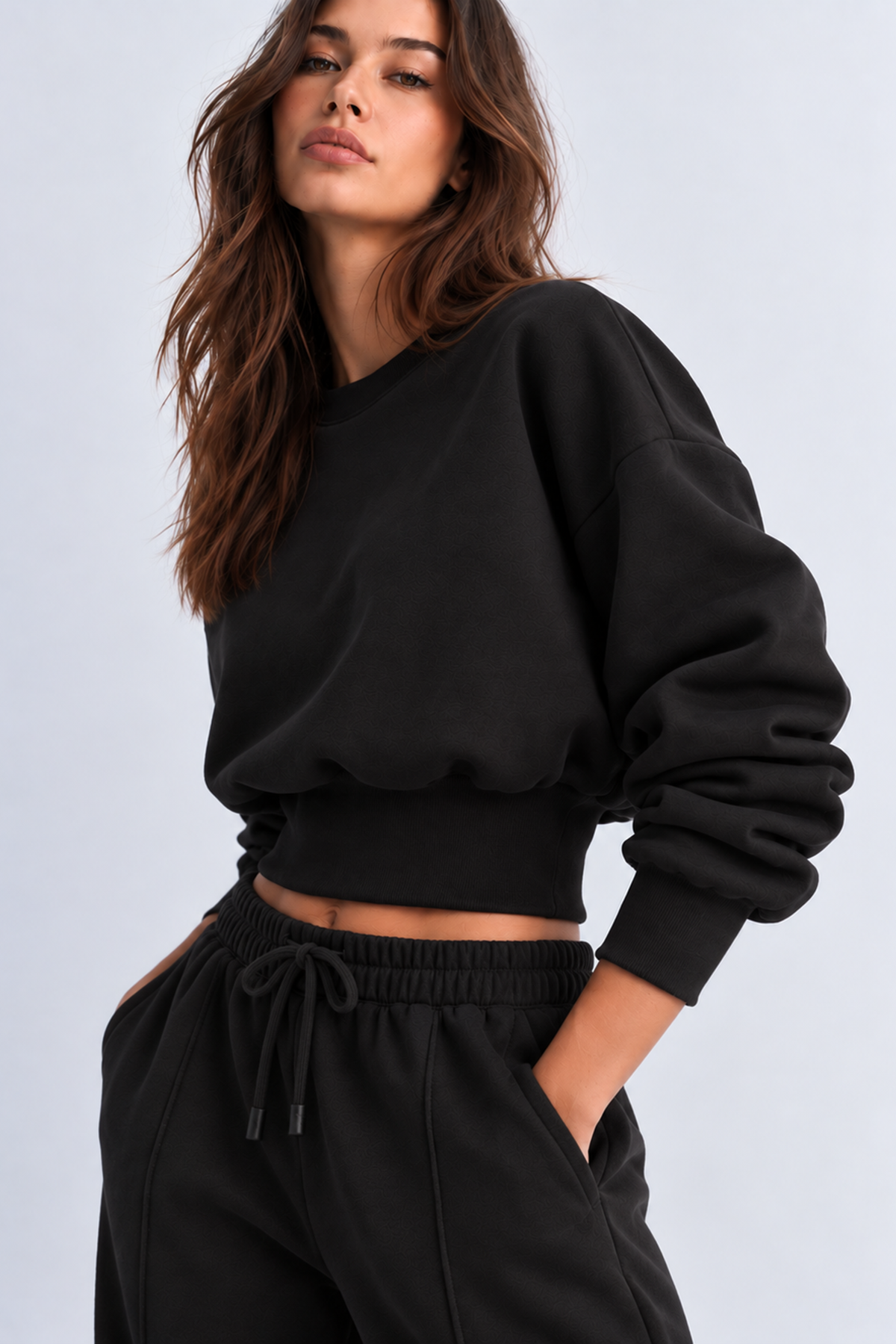 SİYAH 3 Iplik İçi Şardonlu Kuşaklı Crop SweatshirtSun VictoriaSİYAH 3 Iplik İçi Şardonlu Kuşaklı Crop Sweatshirt