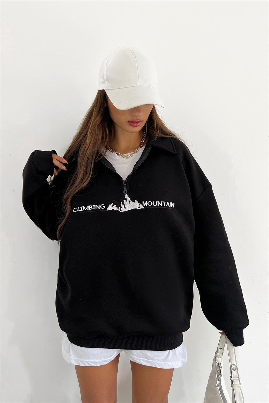 Siyah Climbing Mountain Baskılı Fermuarlı Polo Yaka 3 İplik Şardonlu SweatSun VictoriaSiyah Climbing Mountain Baskılı Fermuarlı Polo Yaka 3 İplik Şardonlu Sweat