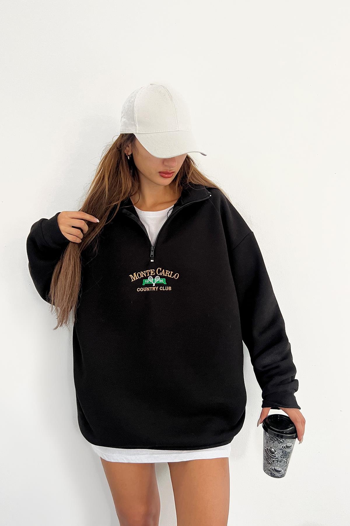 Siyah Monte Carlo Baskılı Fermuarlı SweatSun VictoriaSiyah Monte Carlo Baskılı Fermuarlı Sweat