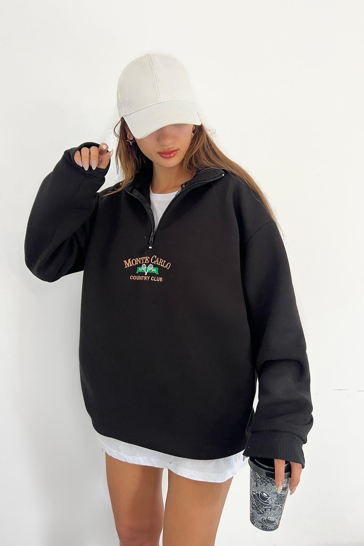 Siyah Monte Carlo Baskılı Fermuarlı SweatSun VictoriaSiyah Monte Carlo Baskılı Fermuarlı Sweat