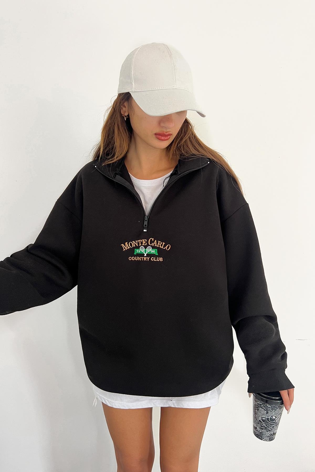 Siyah Monte Carlo Baskılı Fermuarlı SweatSun VictoriaSiyah Monte Carlo Baskılı Fermuarlı Sweat
