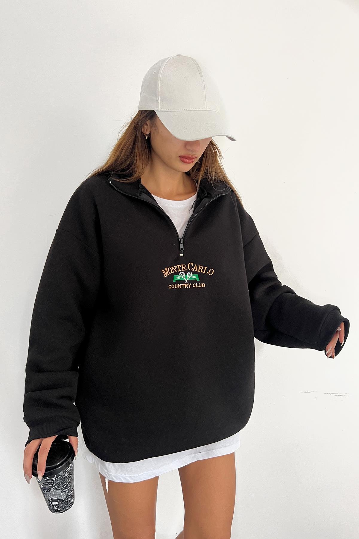 Siyah Monte Carlo Baskılı Fermuarlı SweatSun VictoriaSiyah Monte Carlo Baskılı Fermuarlı Sweat