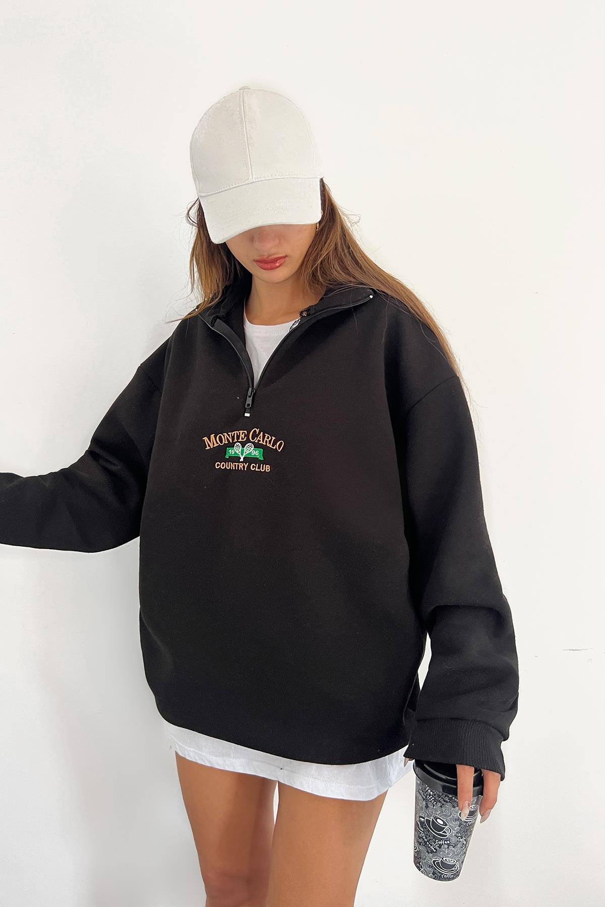 Siyah Monte Carlo Baskılı Fermuarlı SweatSun VictoriaSiyah Monte Carlo Baskılı Fermuarlı Sweat