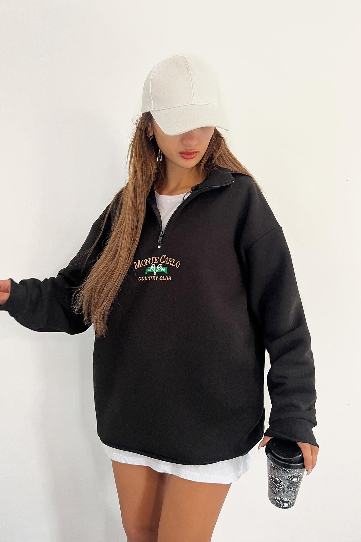 Siyah Monte Carlo Baskılı Fermuarlı SweatSun VictoriaSiyah Monte Carlo Baskılı Fermuarlı Sweat
