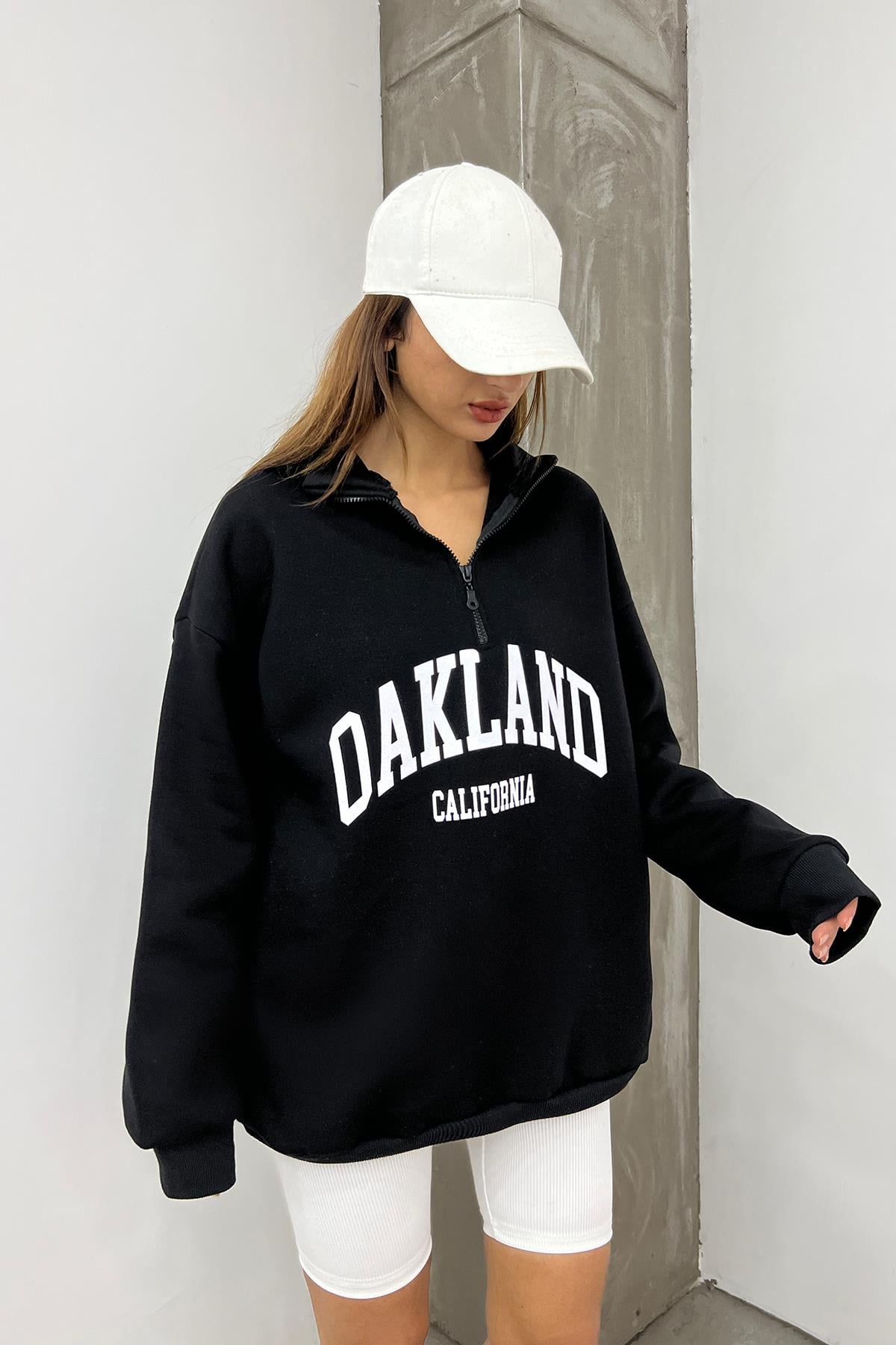 Siyah Oakland Baskılı Fermuarlı SweatSun VictoriaSiyah Oakland Baskılı Fermuarlı Sweat