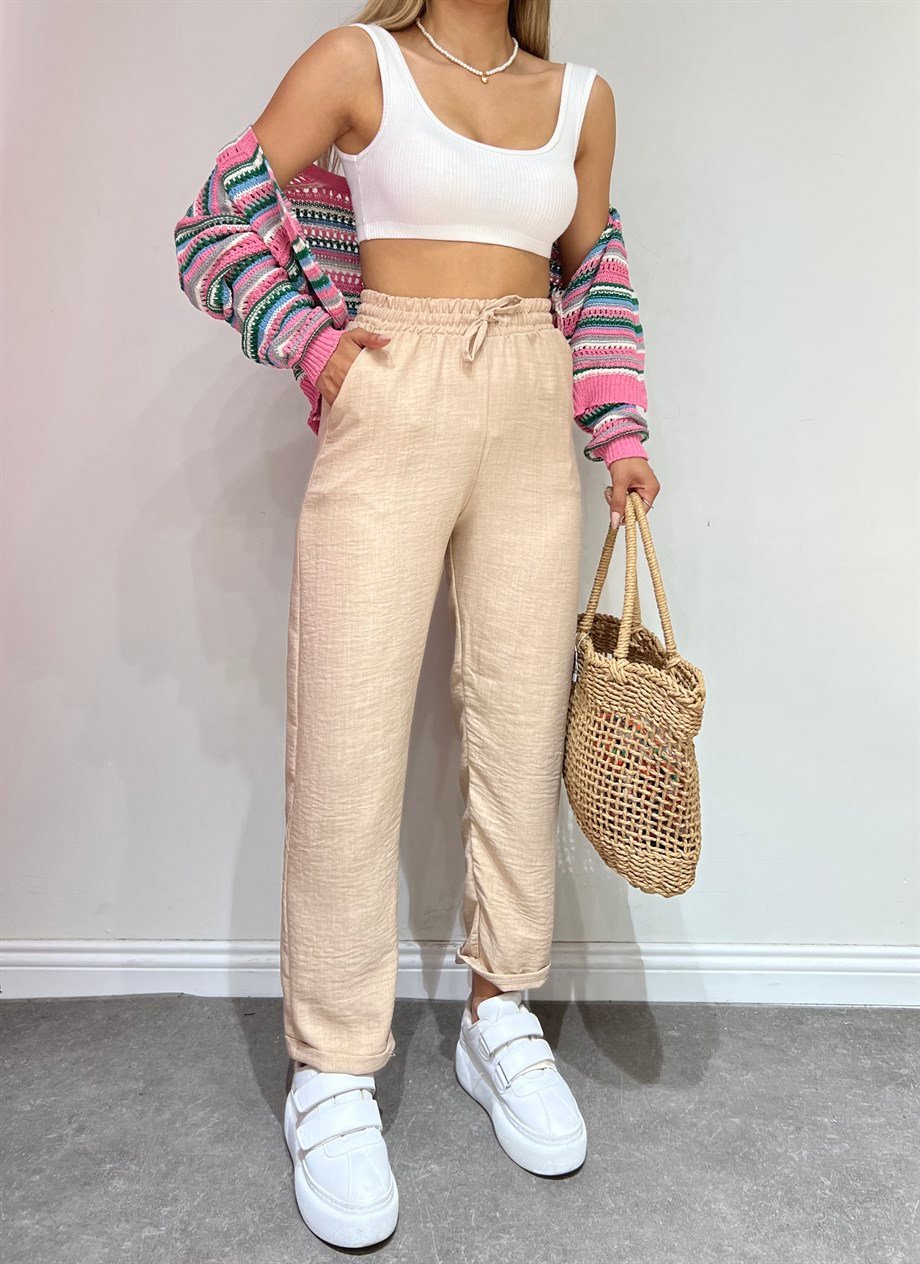 Sun Victoria Kadın Krem Duble Paça Keten PantalonSun VictoriaSun Victoria Kadın Krem Duble Paça Keten Pantalon