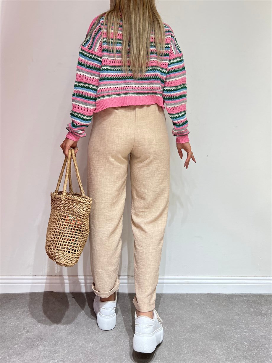 Sun Victoria Kadın Krem Duble Paça Keten PantalonSun VictoriaSun Victoria Kadın Krem Duble Paça Keten Pantalon