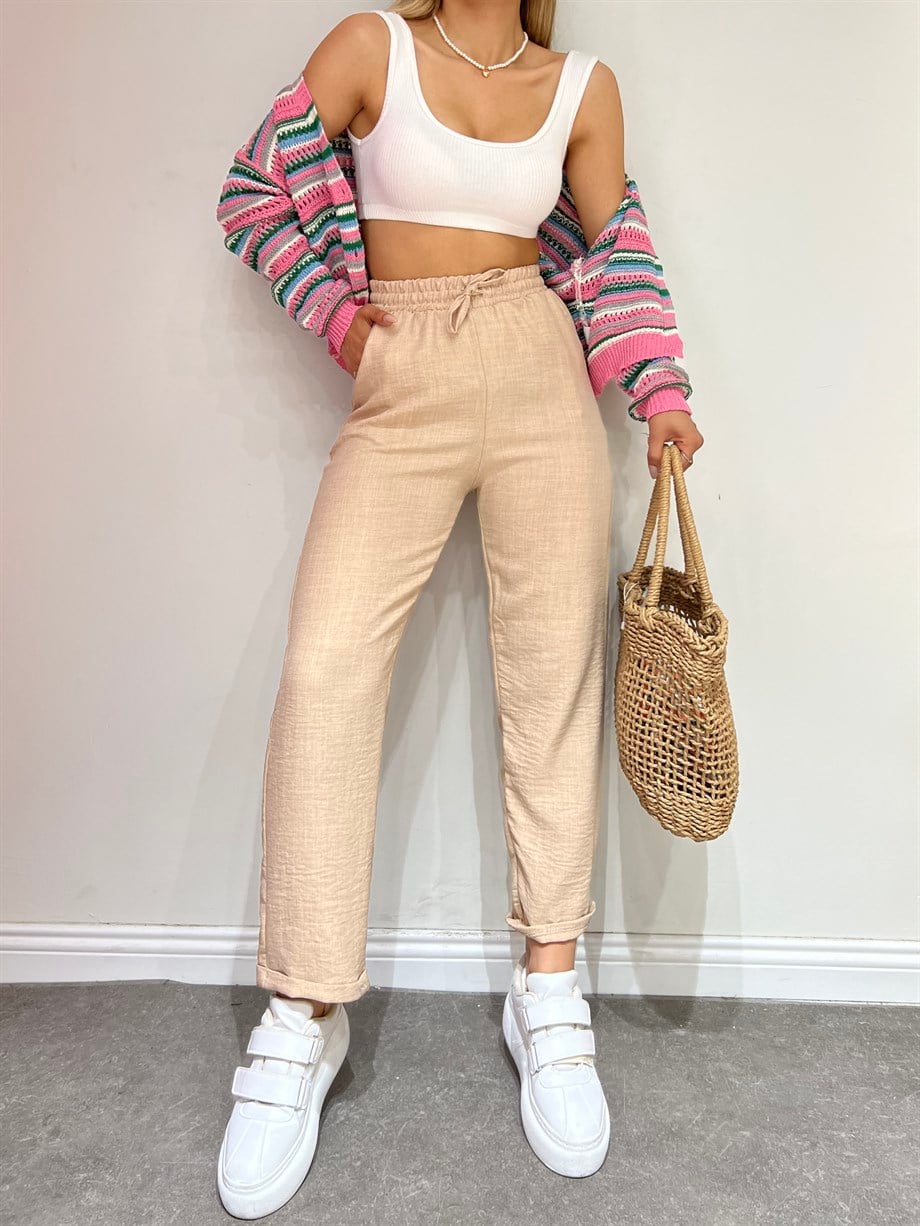 Sun Victoria Kadın Krem Duble Paça Keten PantalonSun VictoriaSun Victoria Kadın Krem Duble Paça Keten Pantalon
