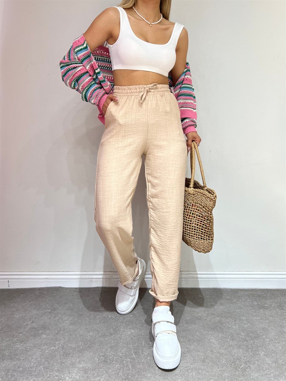 Sun Victoria Kadın Krem Duble Paça Keten PantalonSun VictoriaSun Victoria Kadın Krem Duble Paça Keten Pantalon