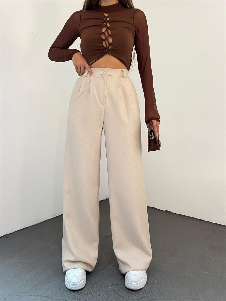  Hera Moda Kadın Bej Kışlık Palazzo Kumaş Pantolon