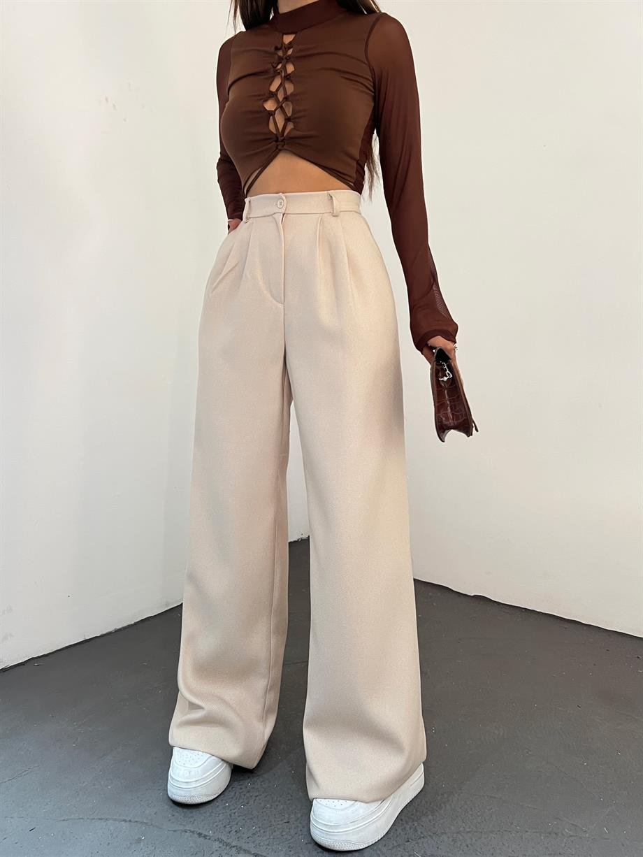 Hera Moda Kadın Bej Kışlık Palazzo Kumaş Pantolon