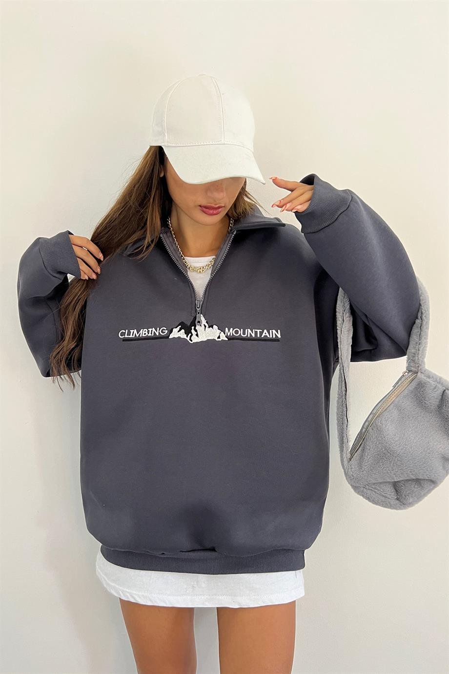 Antrasit Climbing Mountain Baskılı Fermuarlı Polo Yaka 3 İplik Şardonlu Sweat