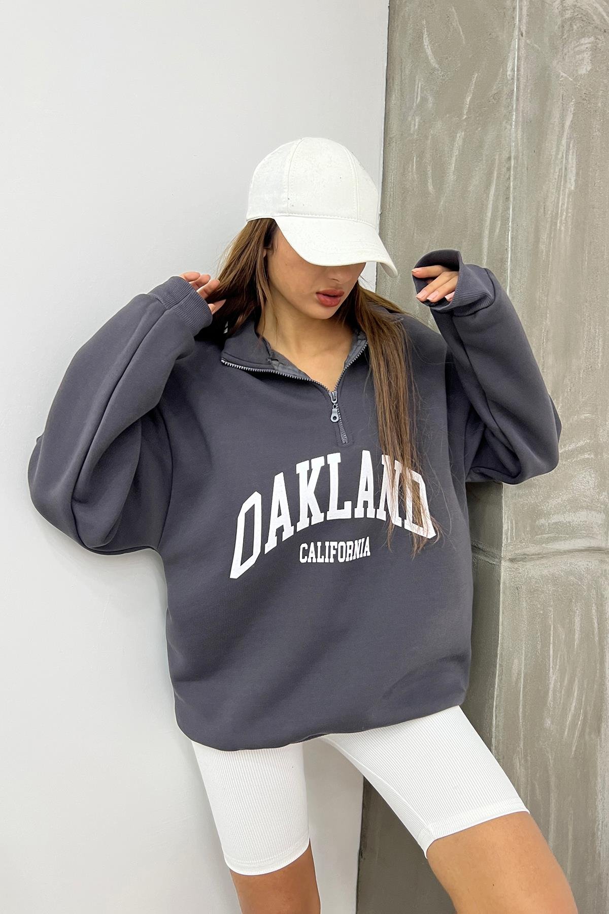Antrasit Oakland Baskılı Fermuarlı Sweat
