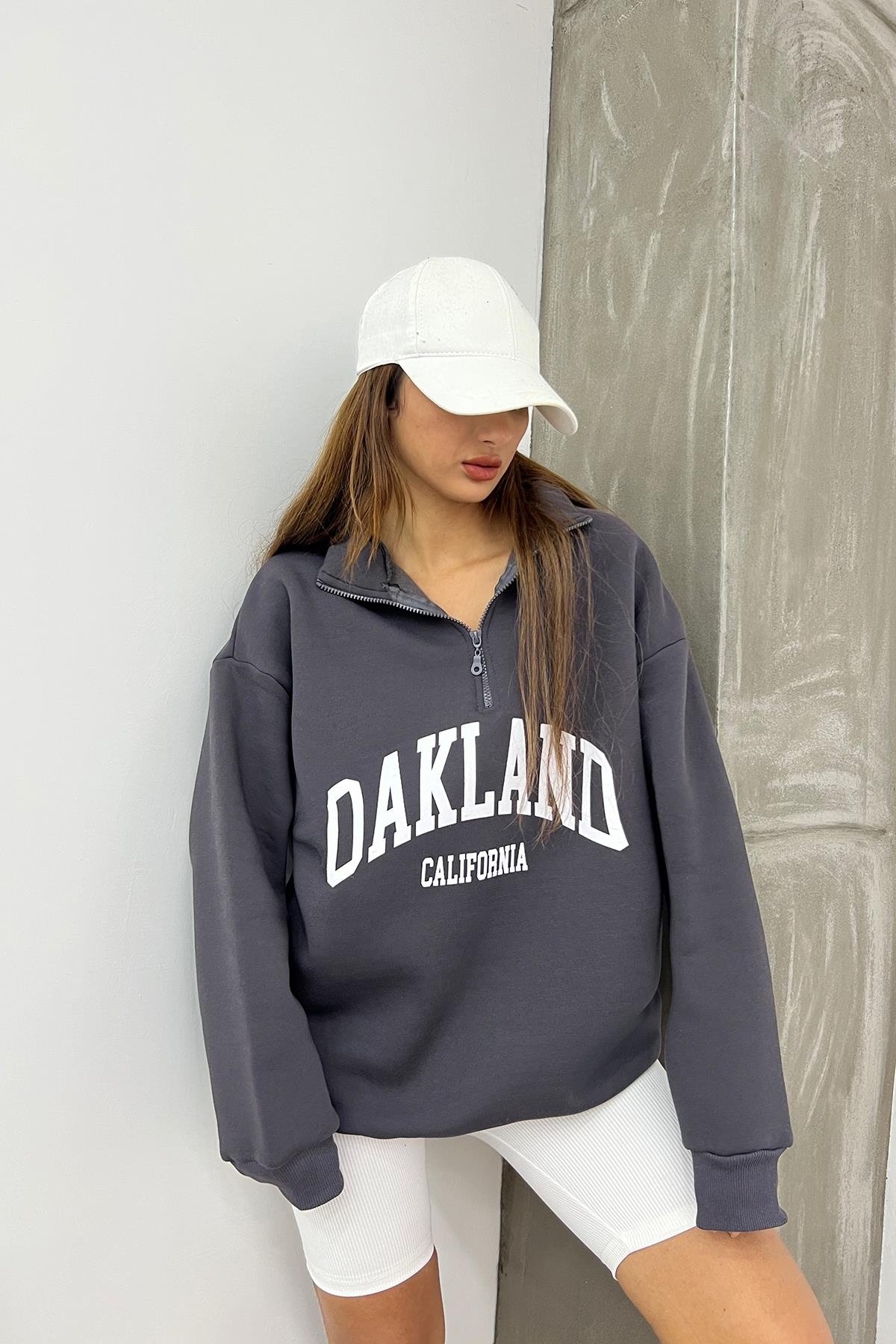 Antrasit Oakland Baskılı Fermuarlı Sweat
