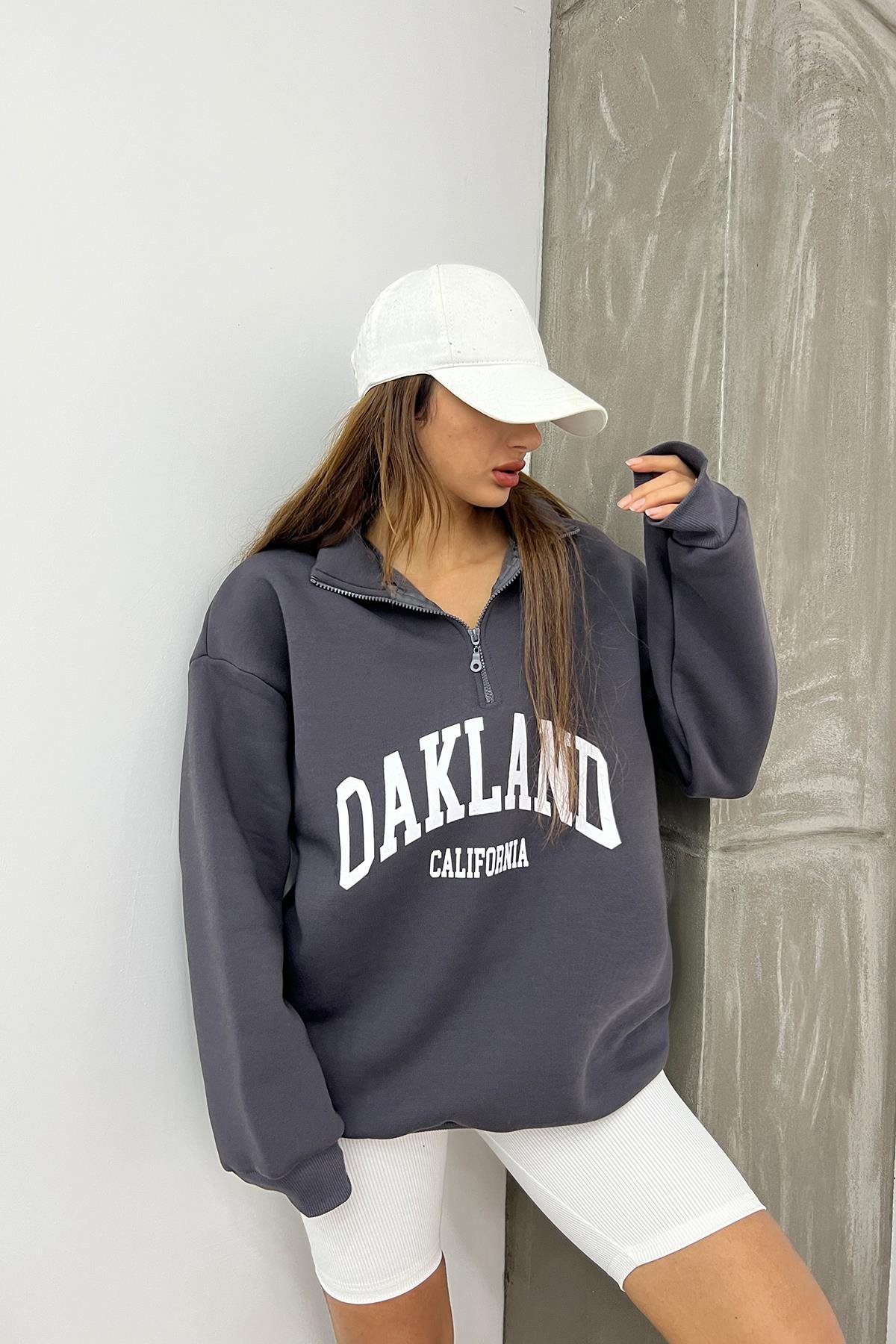 Antrasit Oakland Baskılı Fermuarlı Sweat